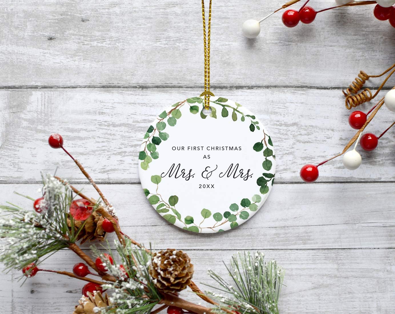 Andaz Press Custom Year Round Ceramic Porcelain Christmas Tree Ornament Keepsake Collectible Gift, Our First Christmas as Mrs. & Mrs. 2025, Farmhouse Eucalyptus Wreath, 1-PackLesbian Couple