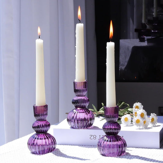Purple Candlestick Holders Set of 3 for Halloween Decorations, 4.3" H Ribbed Glass Taper Candle Holders Bulk for Wedding Table, Vintage Candle Sticks Holder Decor for Birthday Party/Home Decor
