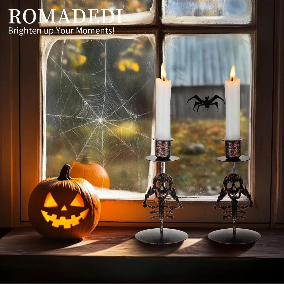 Candle Holder for Halloween Decor: Set of 2 Black Gothic Skull Taper Candlestick Table Centerpiece Decorations Spooky Party Dinning Room Home Indoor