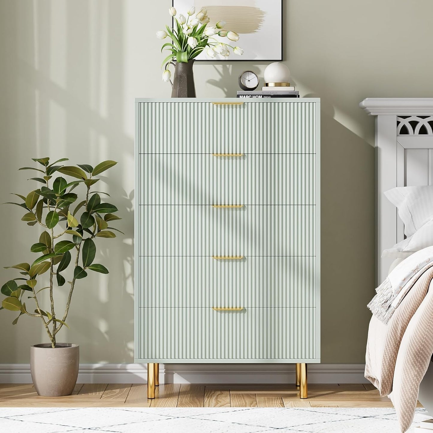 GAOMON 5 Drawer Dresser, Wood Chest of Drawers Organizer Storage with Gold Handle, Tall Storage Cabinet, Modern Design Dresser for Bedroom, Living Room, Closet, Hallway, Entryway, Green