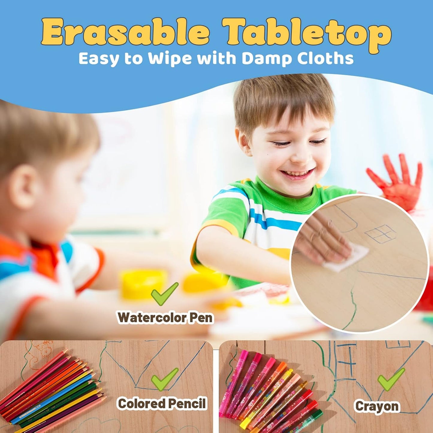 FUNLIO Kids Table and 4 Chairs Set, Height Adjustable Toddler Table and Chair Set for Ages 3-8, Easy to Wipe Arts & Crafts Table, for Classrooms/Daycares/Homes, CPC & CE Approved (5-Piece Set) - Blue
