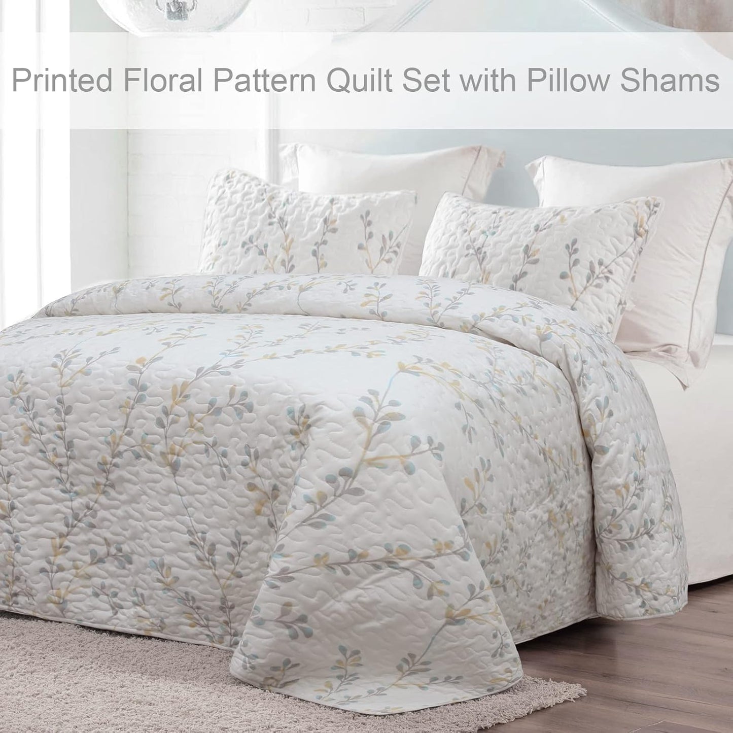 Exclusivo Mezcla Reversible Boho Quilt Set King Size, 3 Pieces Flowers White All Season Bedspreads, Ultra Soft Floral Coverlet Bedding Set with Printed Pattern (1 Quilt, 2 Pillow Shams)