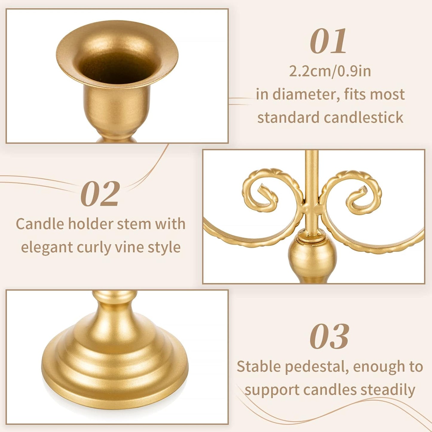 Gold Taper Candle Holder for Centerpiece - 3-arm Candlesticks Holder for Wedding Table Centerpieces Metal Candle Stick Holders for Fireplace Mantle Set of 6