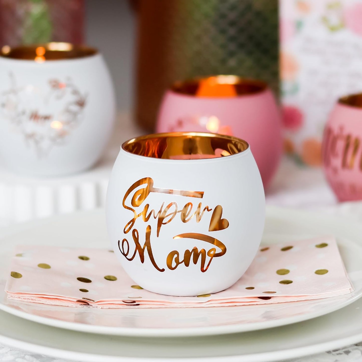 Engraved Pink Glass Tealight Candle Holders Set, Decorative Votive Holders for Table &amp; Shelf Decor