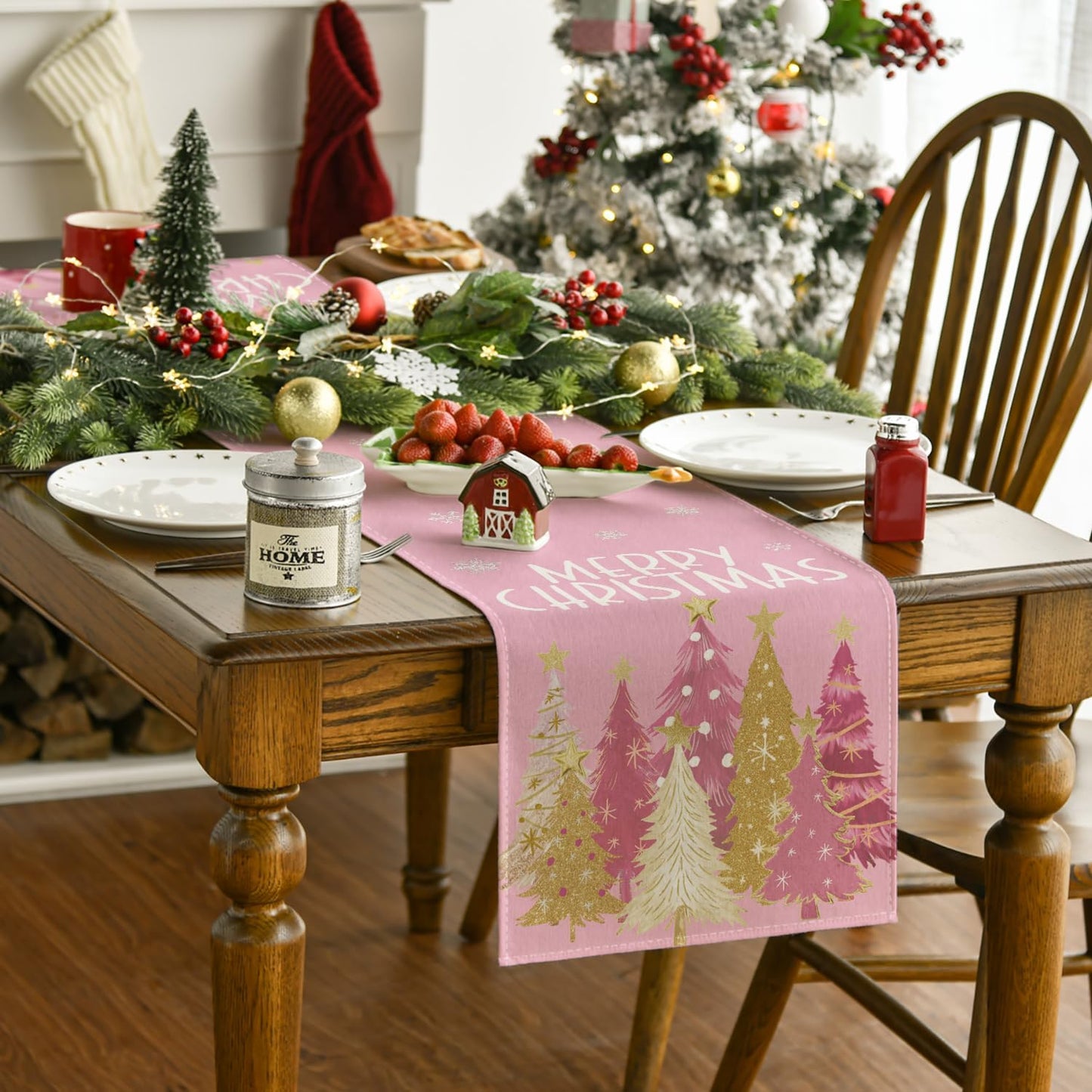 Artoid Mode Xmas Trees Snowflakes Pink Merry Christmas Table Runner, Winter Seasonal Kitchen Dining Table Decoration for Home Party Decor 13x36 Inch