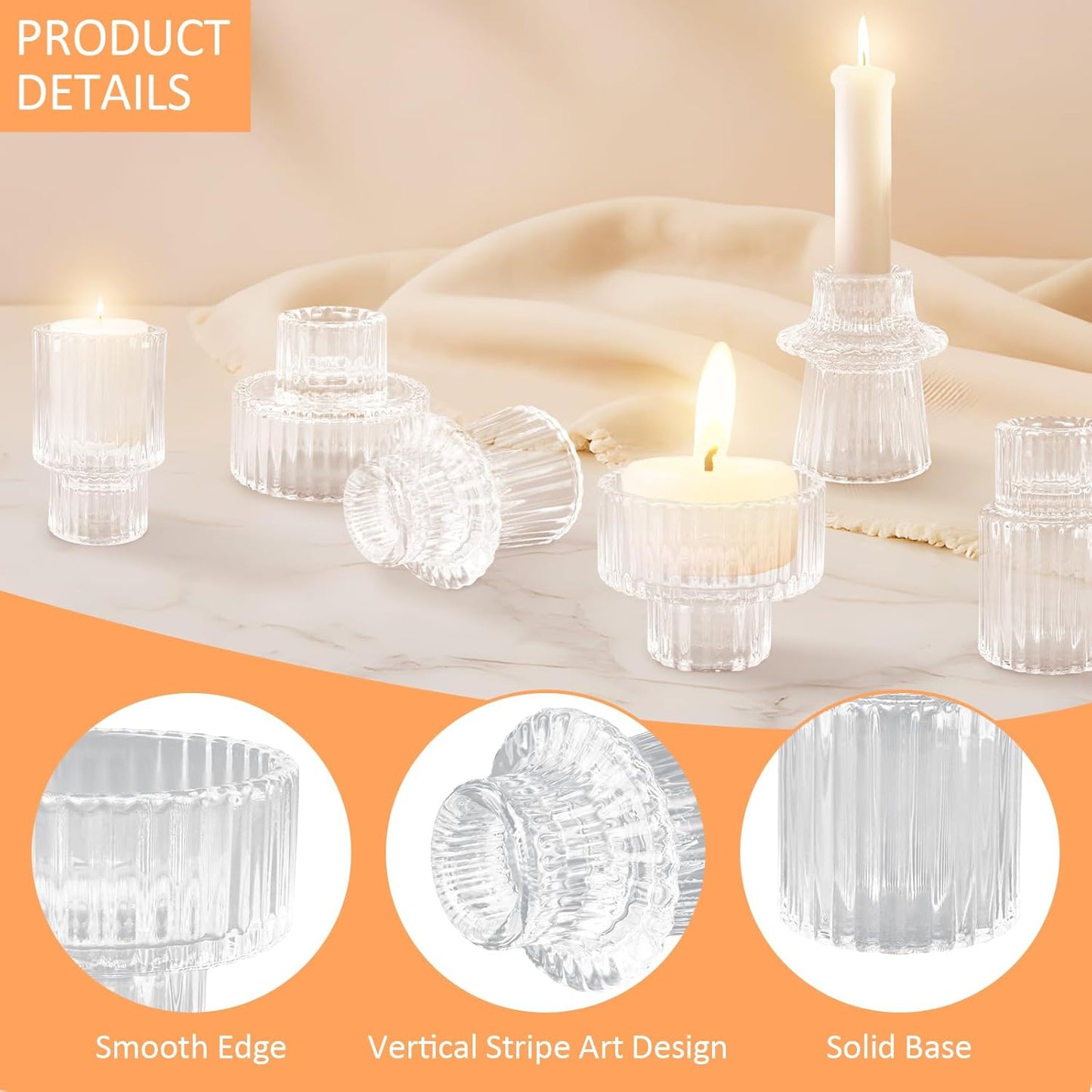 Clear Glass Double-Sided Candle Holders Set (30 Pieces), Tealight & Taper Compatible