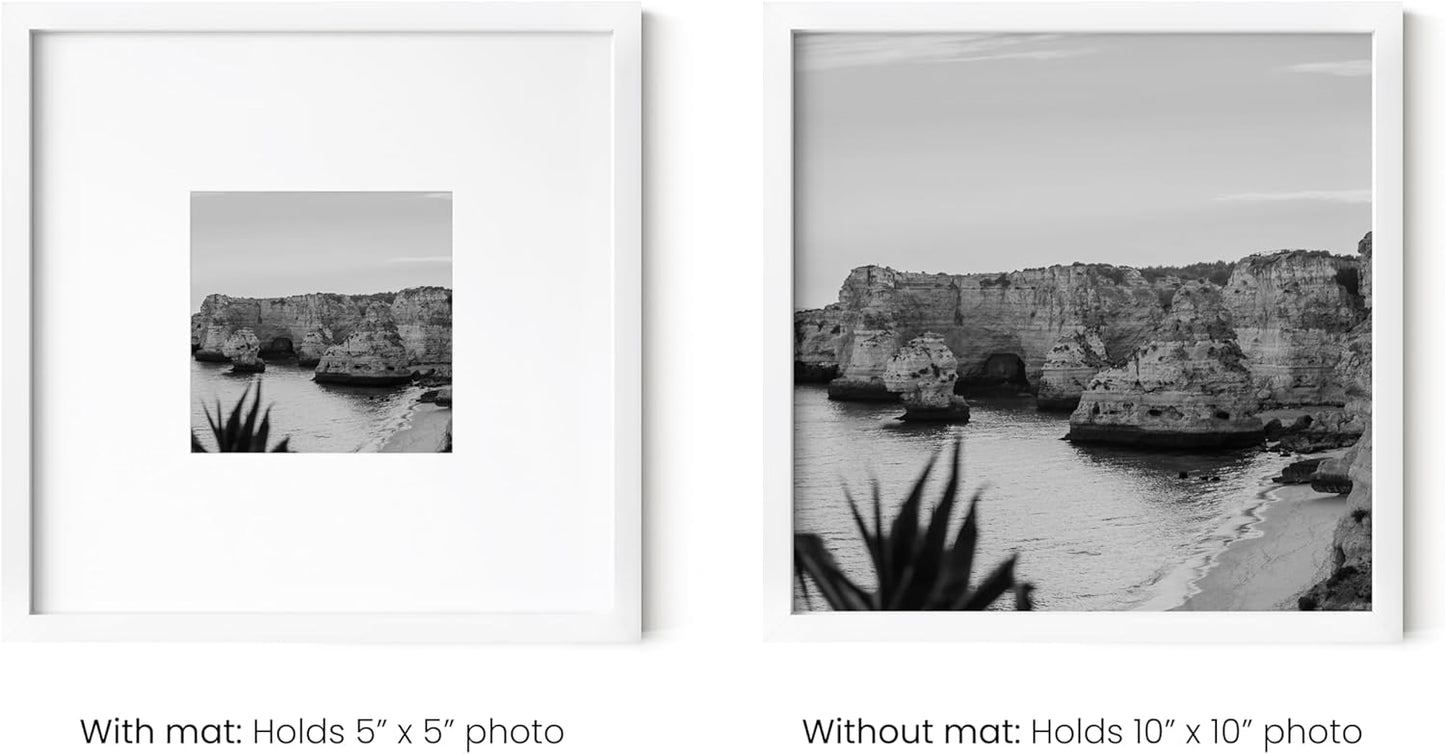 HAUS AND HUES 10x10 White Metal Picture Frame Matted to 5x5 - Features Vertical & Horizontal Hanging, Shatterproof Plexiglass - Ideal for Home, Room, Office (10x10 in, White, Set of 1)