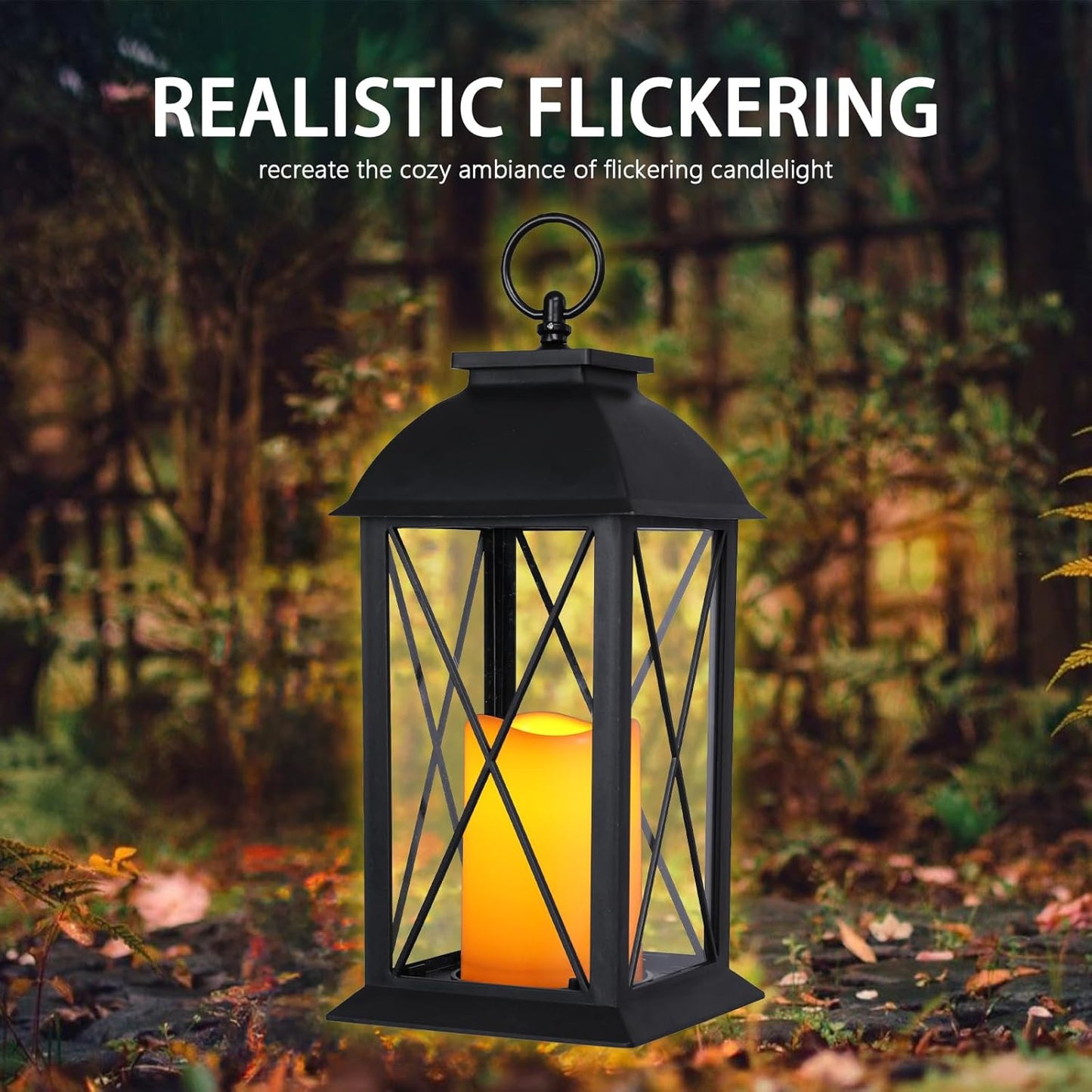 2-Pack 13-Inch Black Decorative Lantern with LED Candle, Battery-Operated, Indoor & Outdoor Use