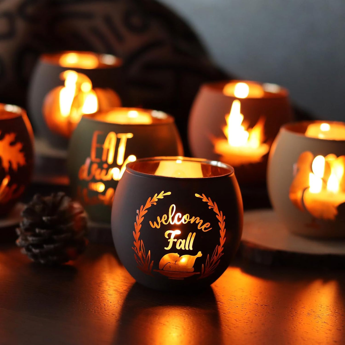 Thanksgiving Votive Candle Holder Set of 12, Glass Tealight Votives Holder with 6 Laser Engraving Patterns, Fall Table Centerpiece Indoor Outdoor Decor