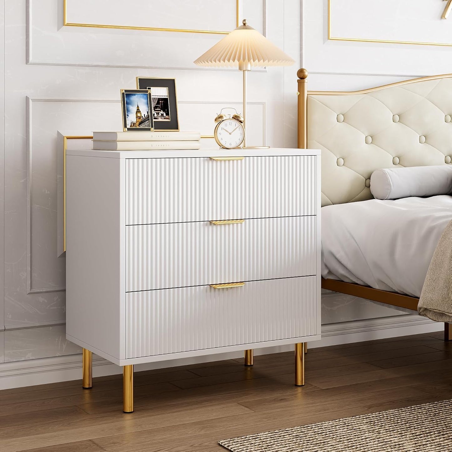 GAOMON 3 Drawer Dresser, Wood Chest of Drawers Organizer Storage with Gold Handle, Small Storage Cabinet, Modern Design Dresser for Bedroom, Living Room, Closet, Hallway, Entryway, White