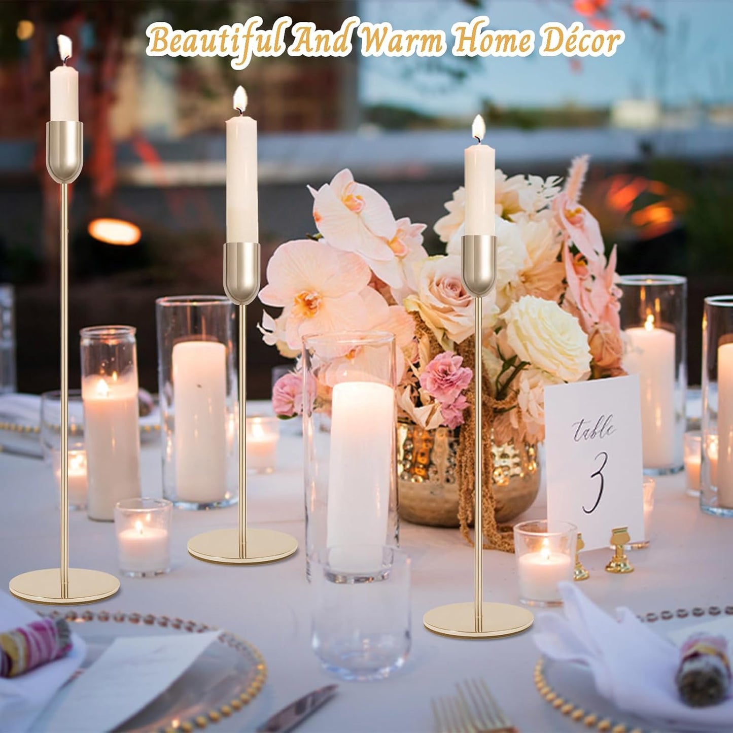 Gold Metal Candle Holder Set (18 pcs), Slim Taper & Pillar Candle Stands for Table Styling
