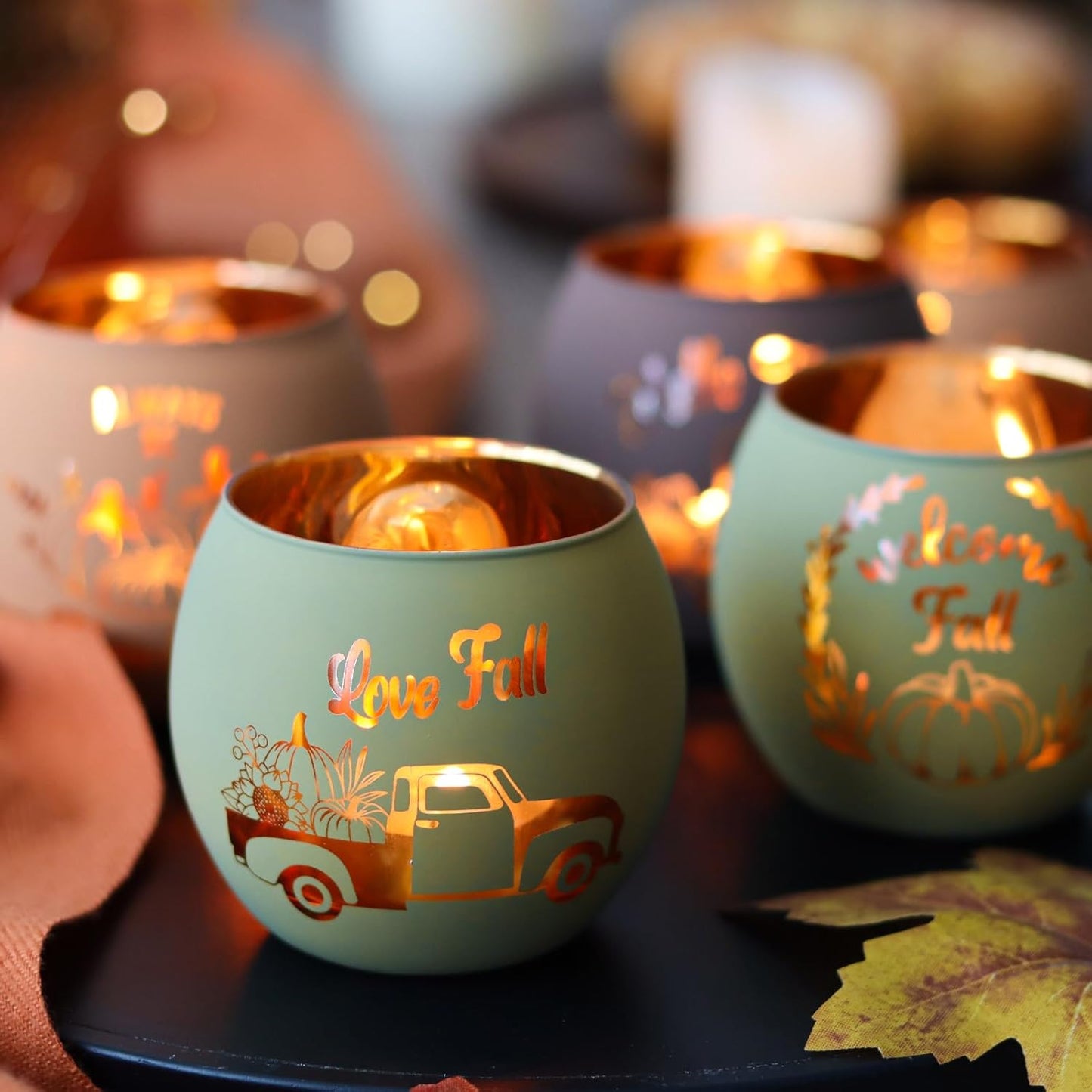 Fall Table Centerpiece Decorations Set of 12 Glass Votive Tealight Candle Holder for Wedding, Party, Thanksgiving, Fall Decor for Indoor and Outdoor