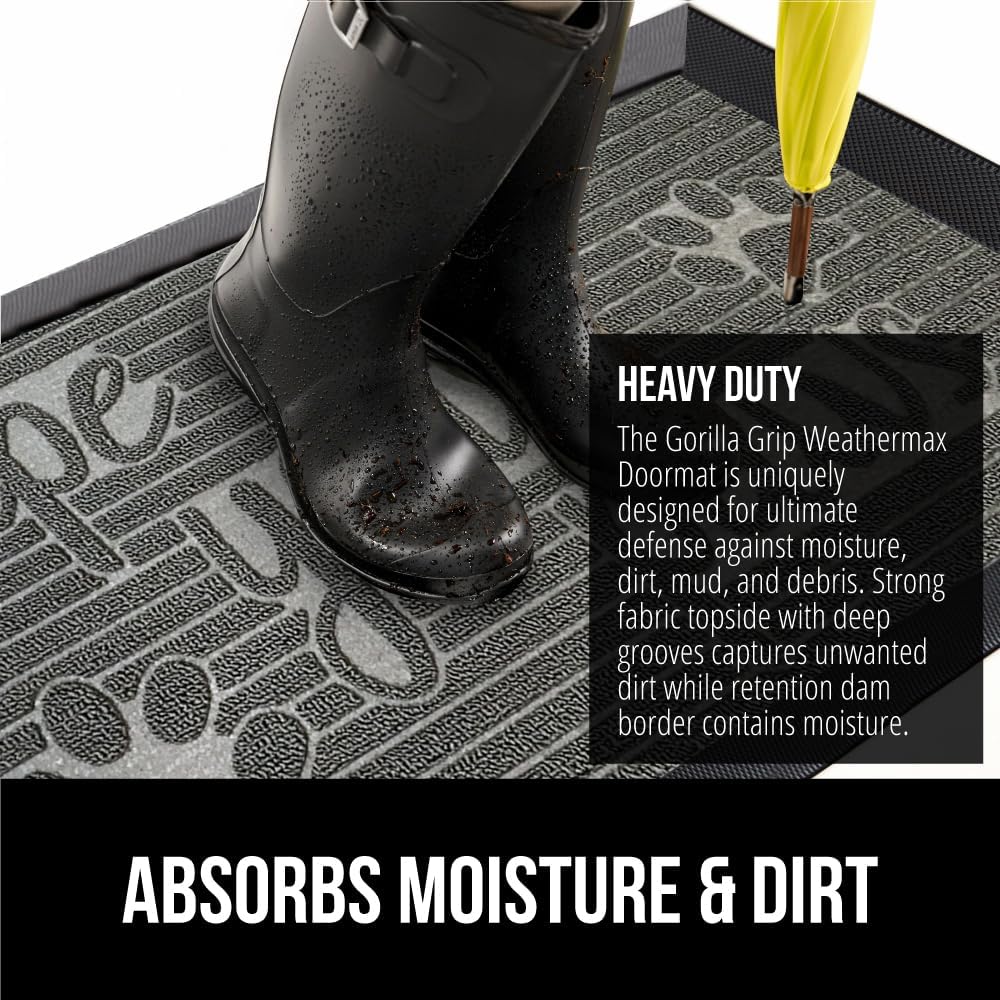 GORILLA GRIP 100% Waterproof All-Season WeatherMax Doormat, 47x35, US Designed Natural Rubber, Stain and Fade Resistant, Low Profile Indoor Outdoor Door Mats, Easy Clean Patio Mat, Stone Paws