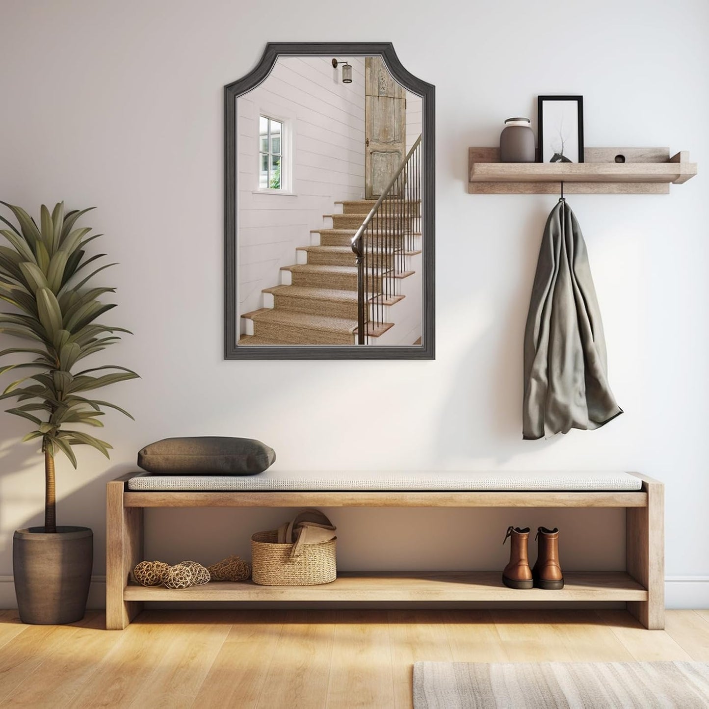 WallBeyond Scalloped Wood Mirror for Small Bathroom Vanity 20x30 Inch Rectangle Wall Mirror Decor for Hallway Bedroom Living Room Home (Black)