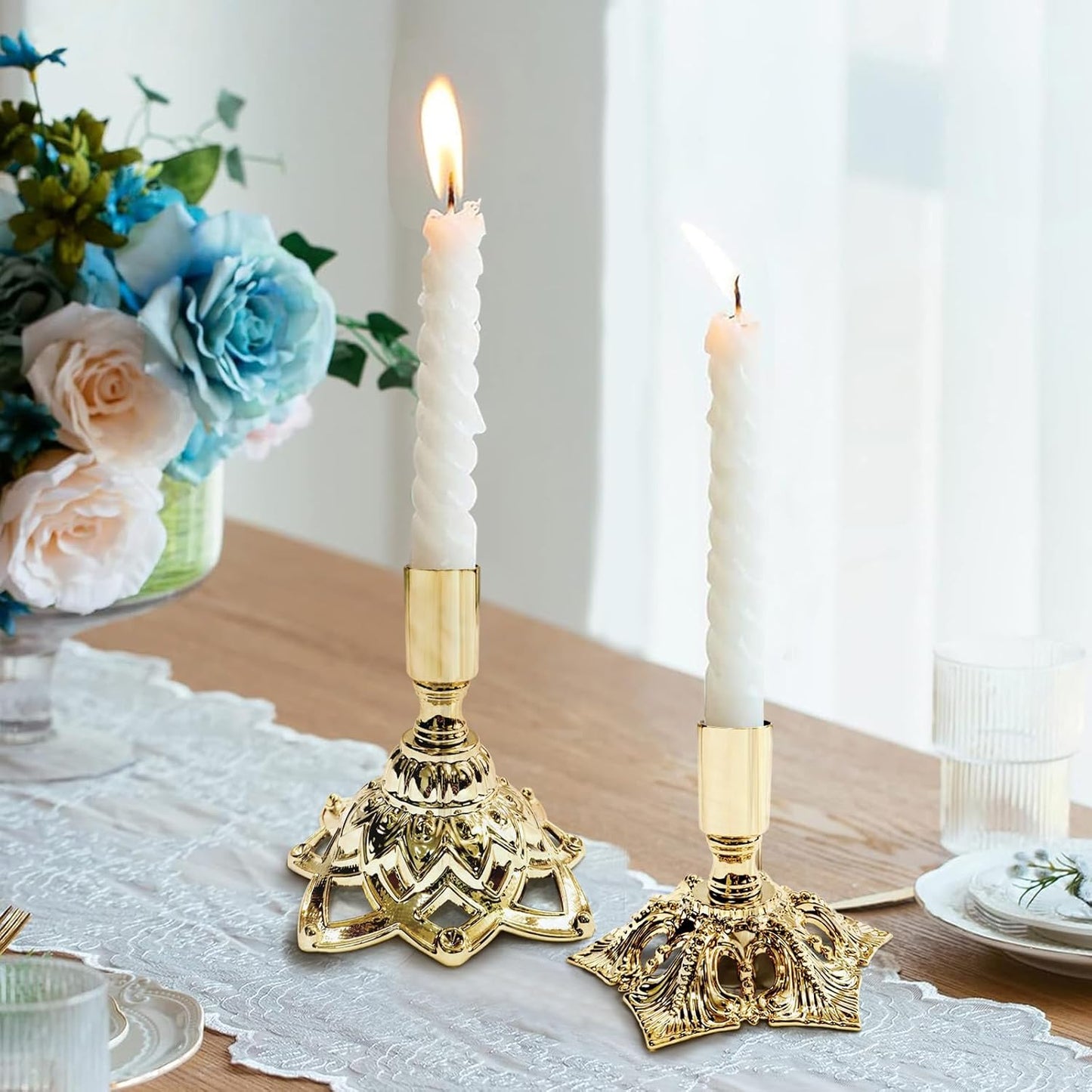 Elegant Gold Taper Candle Holder Set — Polished Metal Candlestick Holders for Dining Table Centerpiece, Winter Candlelight Decor, Modern Mantel Styling