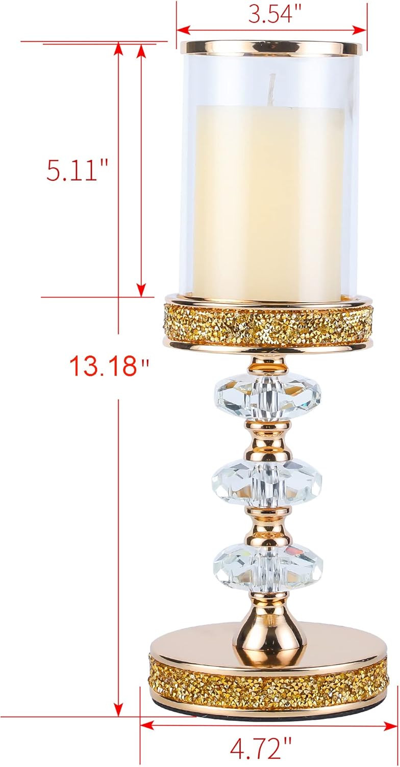Crystal Pillar Candle Holder with Glass Shade, Gold Metal Base (L)