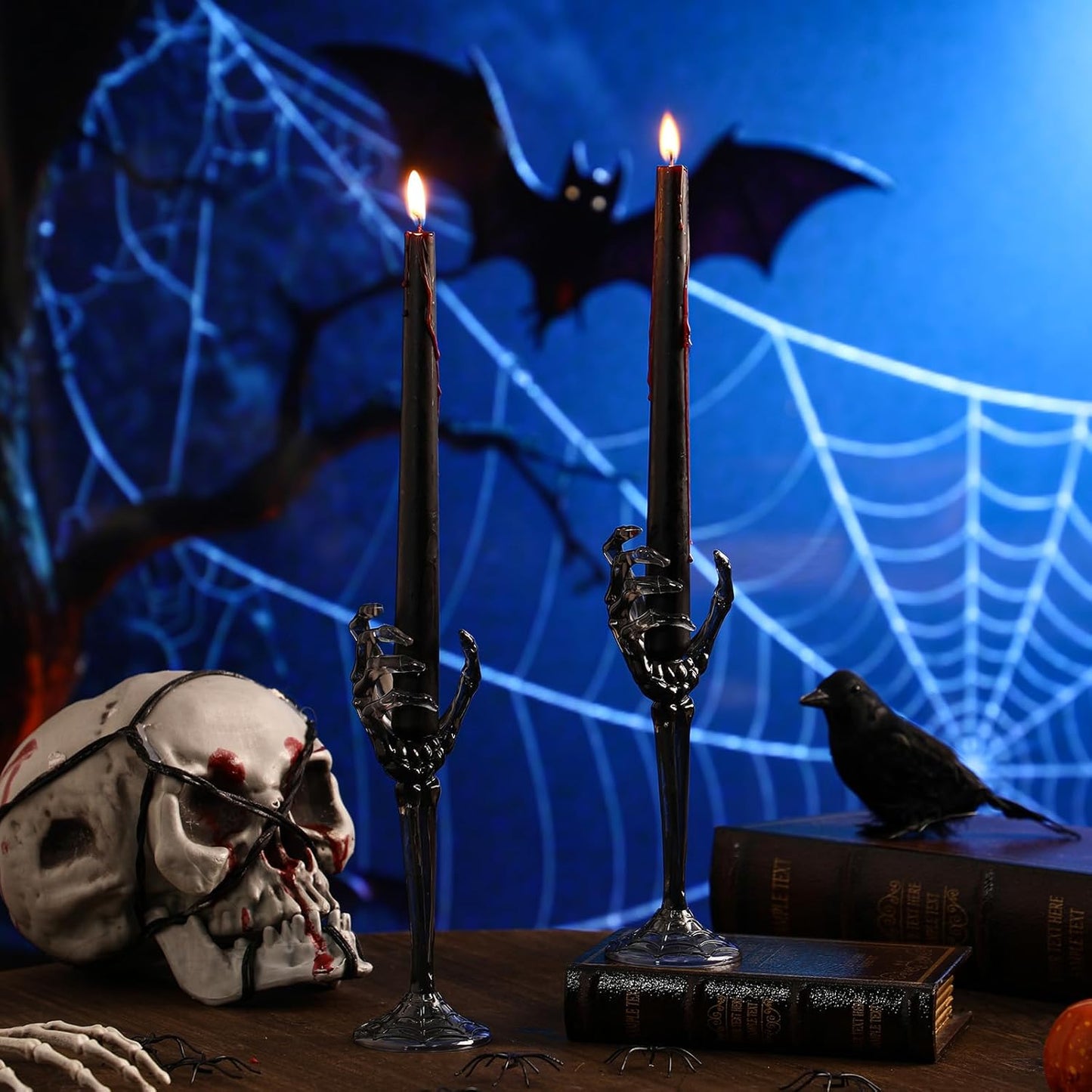 2 Pcs Halloween Skull Candle Holders Halloween Table Centerpieces Fireplace Decorations Skeleton Gothic Decor Horror Skeleton Skull Candlestick Holders for Home Office Bar Party Supplies