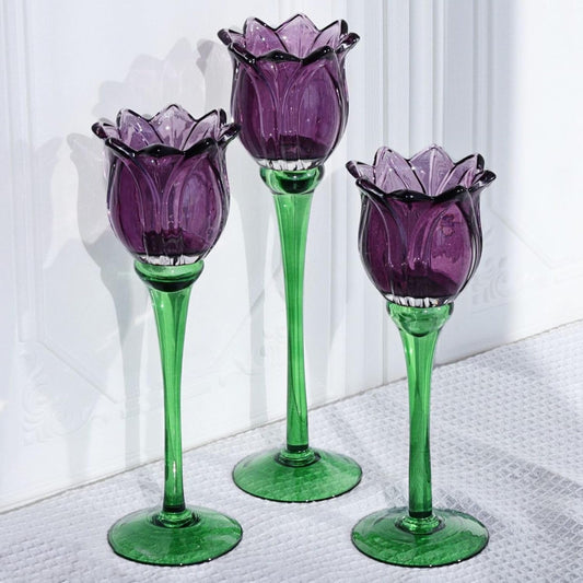 Purple Tulip Glass Tealight Candle Holders Set of 3, Floral Tall Glass Candle Holders for Table & Home Decor