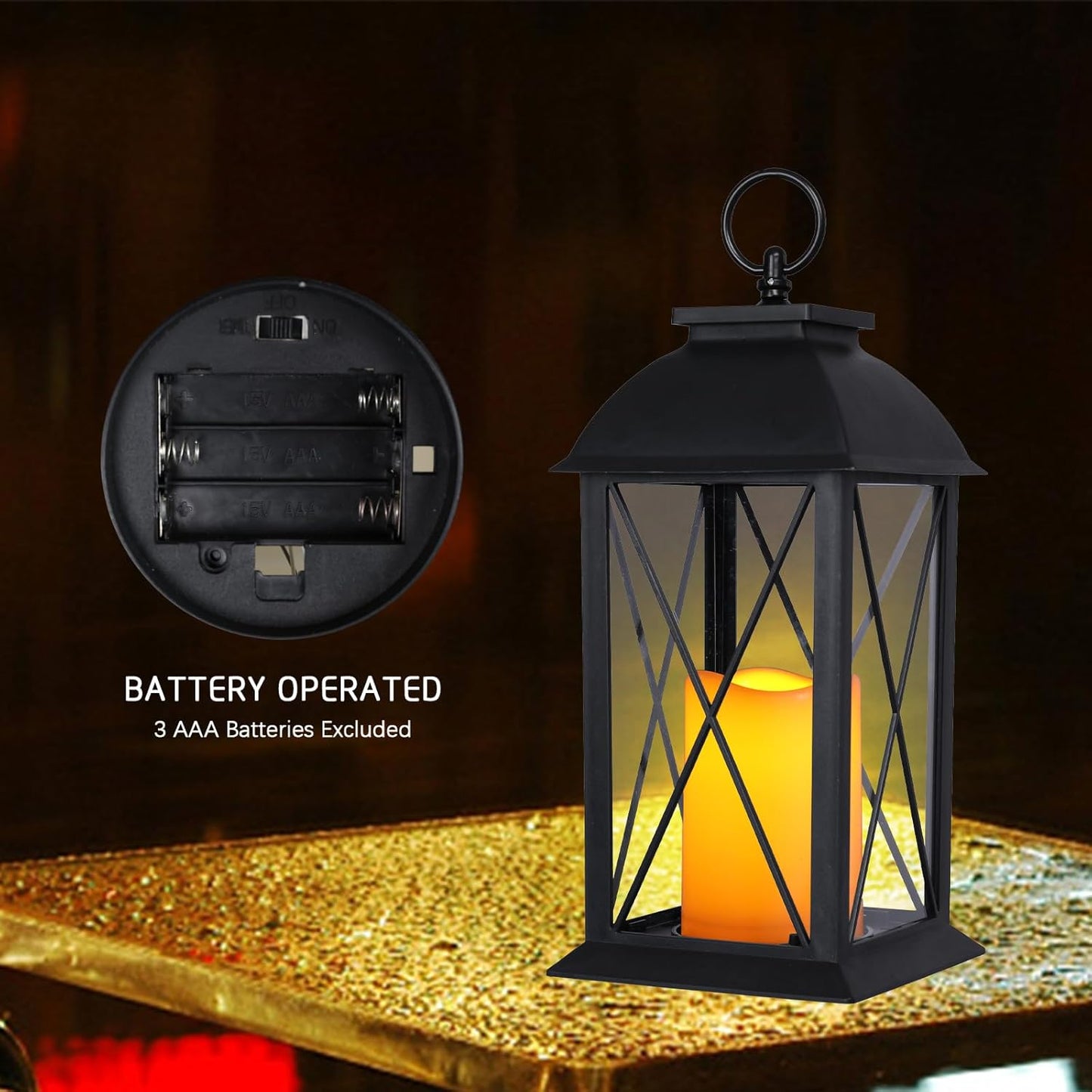 2-Pack 13-Inch Black Decorative Lantern with LED Candle, Battery-Operated, Indoor & Outdoor Use