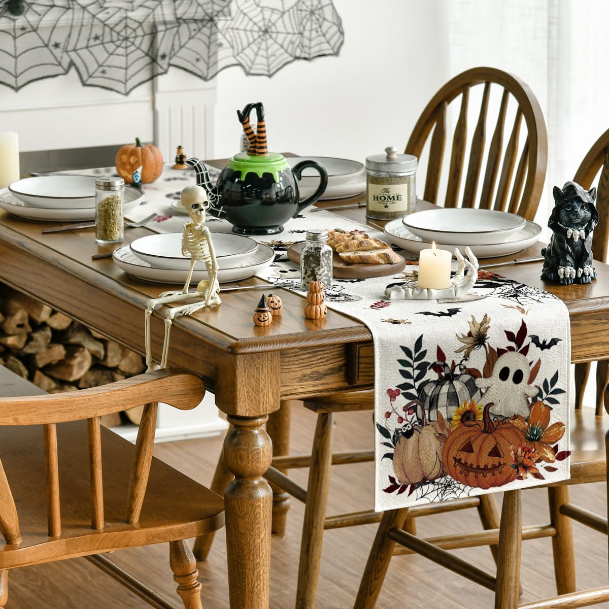 Artoid Mode Pumpkin Ghost Leaves Spider Web 210 GSM Halloween Table Runner, Spooky Kitchen Dining Table Decoration for Home Party Decor 13x72 Inch