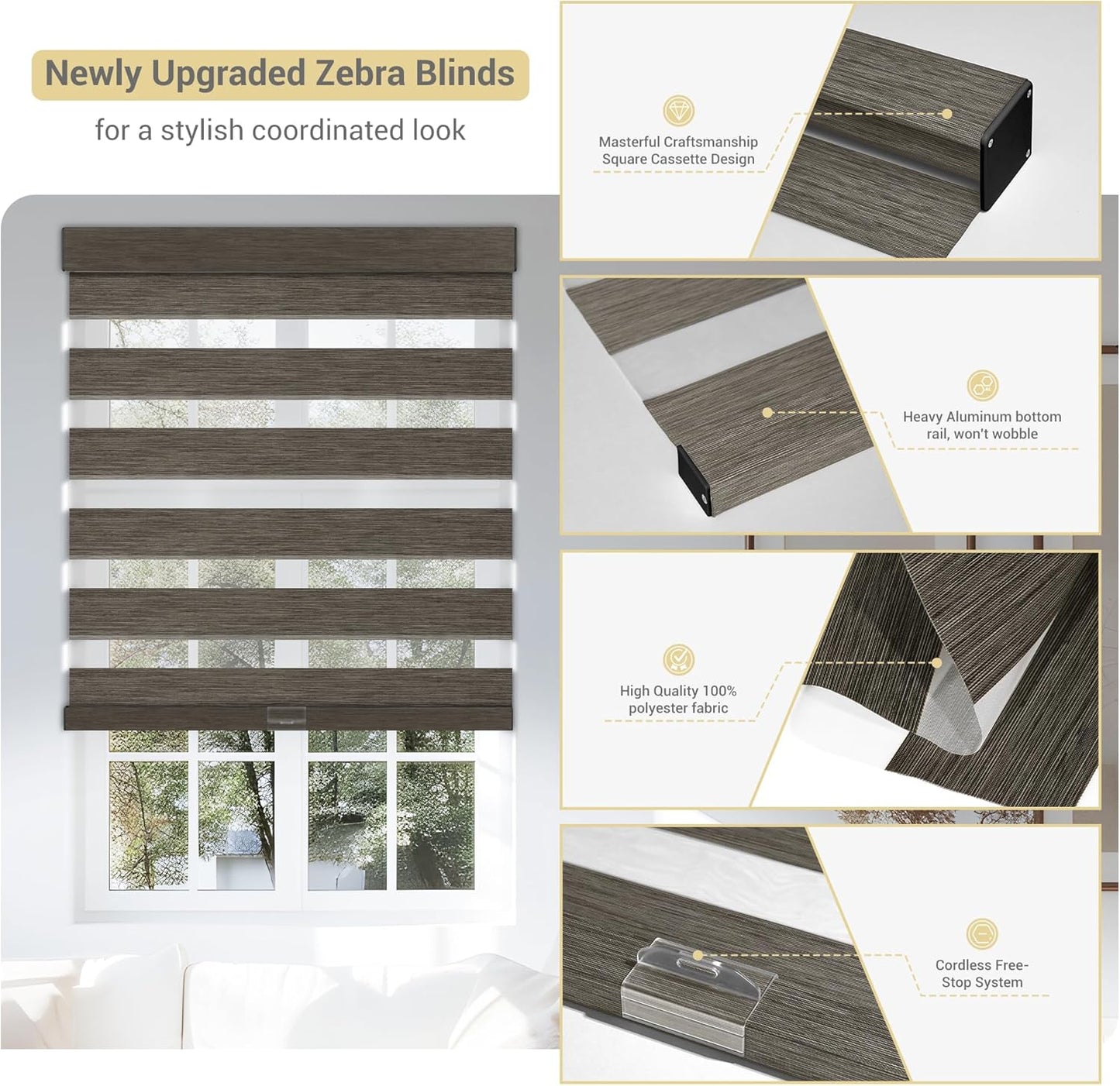 Cordless Zebra Blinds for Windows, Blackout Interior Blinds,Easy to Install,UV Protection,for Offices and Home,Custom Roller Shades, Mousse Dark Bown,87" W x 48" H