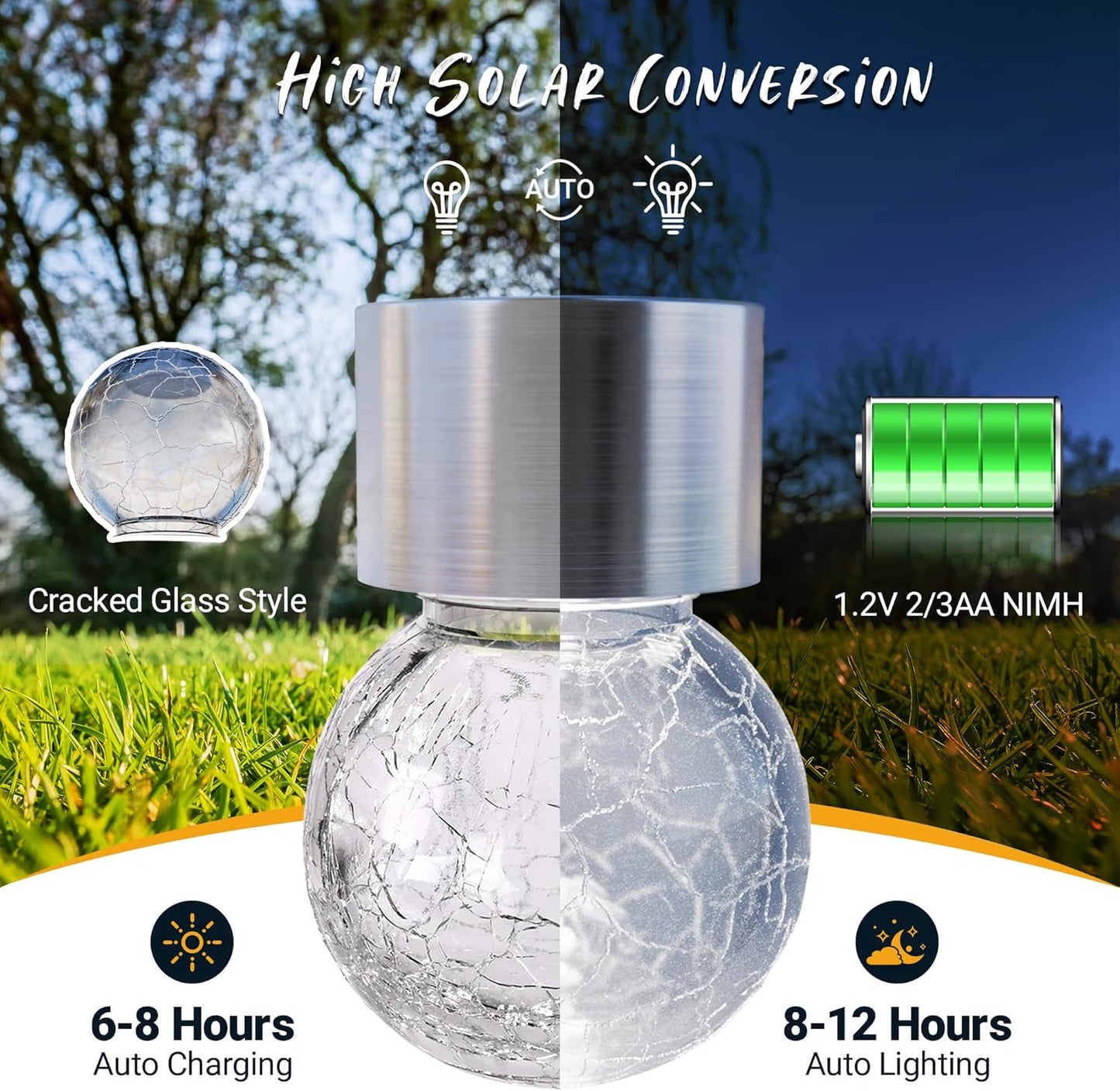GIGALUMI 8 Pack Solar Hanging Lights, Multi-Color Changing Cracked Glass Hanging Ball Outdoor Lights with Waterproof Solar Lanterns for Garden, Yard, Patio, Lawn