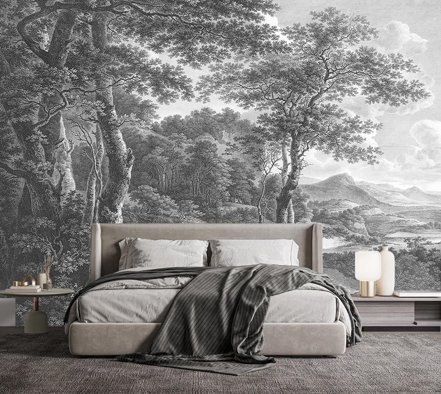 -Vintage Forest Fabric Wallpaper Grey Tree Mural Living Room 100" x 65" (Not Peel and Stick)