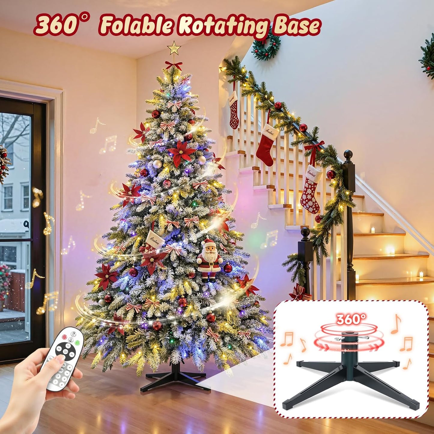 6.5FT Rotating Christmas Tree with Remote, Pre-Lit Artificial Green PE & PVC Xmas Tree, Multicolor LED Lights with Music & Flash Modes, Deluxe Holiday Home Decor