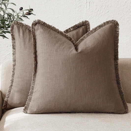 Foindtower Set of 2 Decorative Linen Fringe Throw Pillow Covers Cozy Farmhouse Cushion Cover with Tassels Accent Pillowcase for Couch Chair Sofa Bed Living Room Home Decor,16×16 Inch,Light Coffee