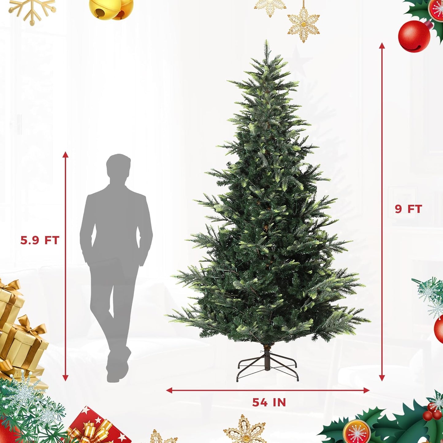 GarveeHome 9 FT Artificial Pre-lit Christmas Tree, Green PVC&PE Full Christmas Tree with 700 Warm White Lights for Home, Office, and Xmas Party Décor, Includes Stand