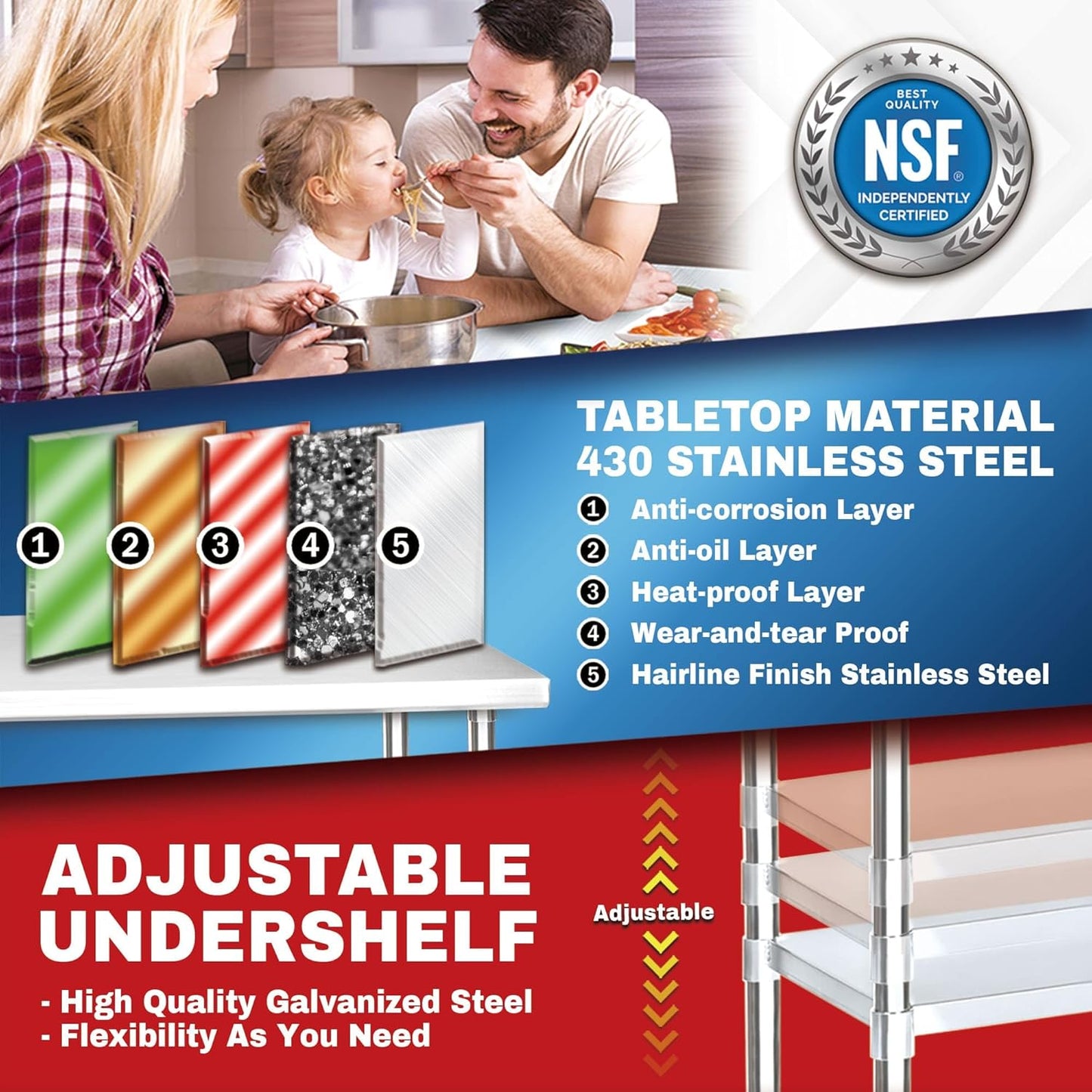 DuraSteel Food Prep Stainless Steel Table - 30 x 18 Inch Commercial Metal Workbench with Adjustable Under Shelf - NSF Certified - for Restaurant, Warehouse, Home, Kitchen, Garage