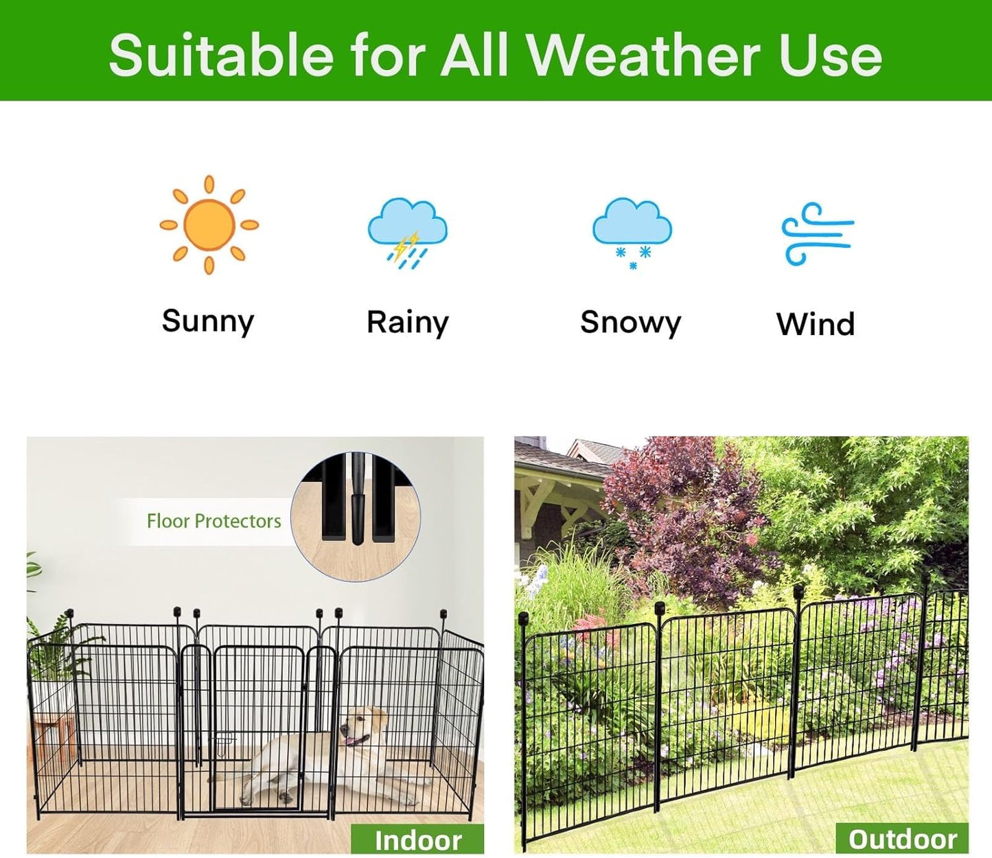 ADAVIN 48 in(H) Garden Fence without Gate, 8 Panels Total 17.7 Ft(L), Dog Fence Outdoor For Yard, Fencing for garden beds, Dog Digging Fences Barrier, Black Iron Metal Heavy Flowers Fences and Borders
