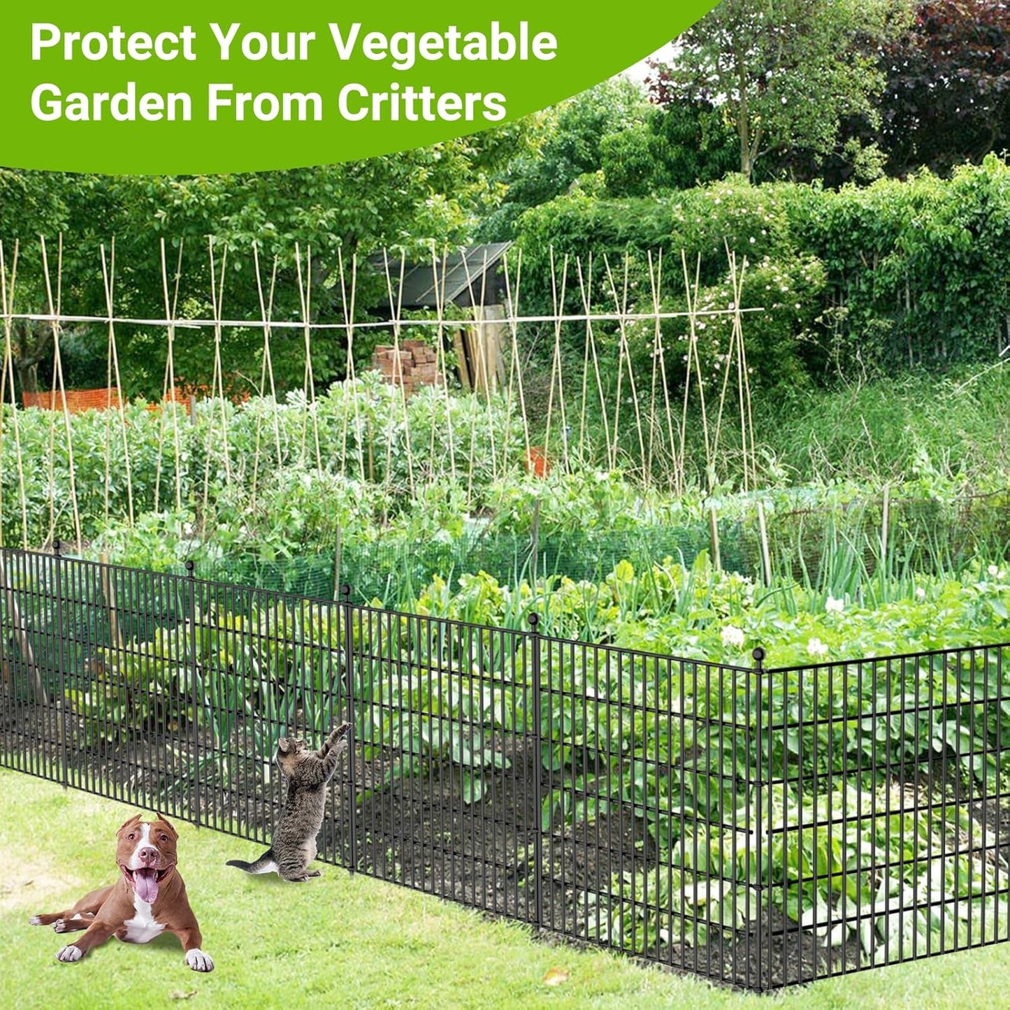 15 Panels No Dig Decorative Outdoor Garden Fence with Gate for Yard, 32 in(H) X 35.4 ft(L) Animal Barrier Fencing Rustproof Metal Wire Panel Border for Dog, Rabbits, and Patio Temporary Ground Stakes