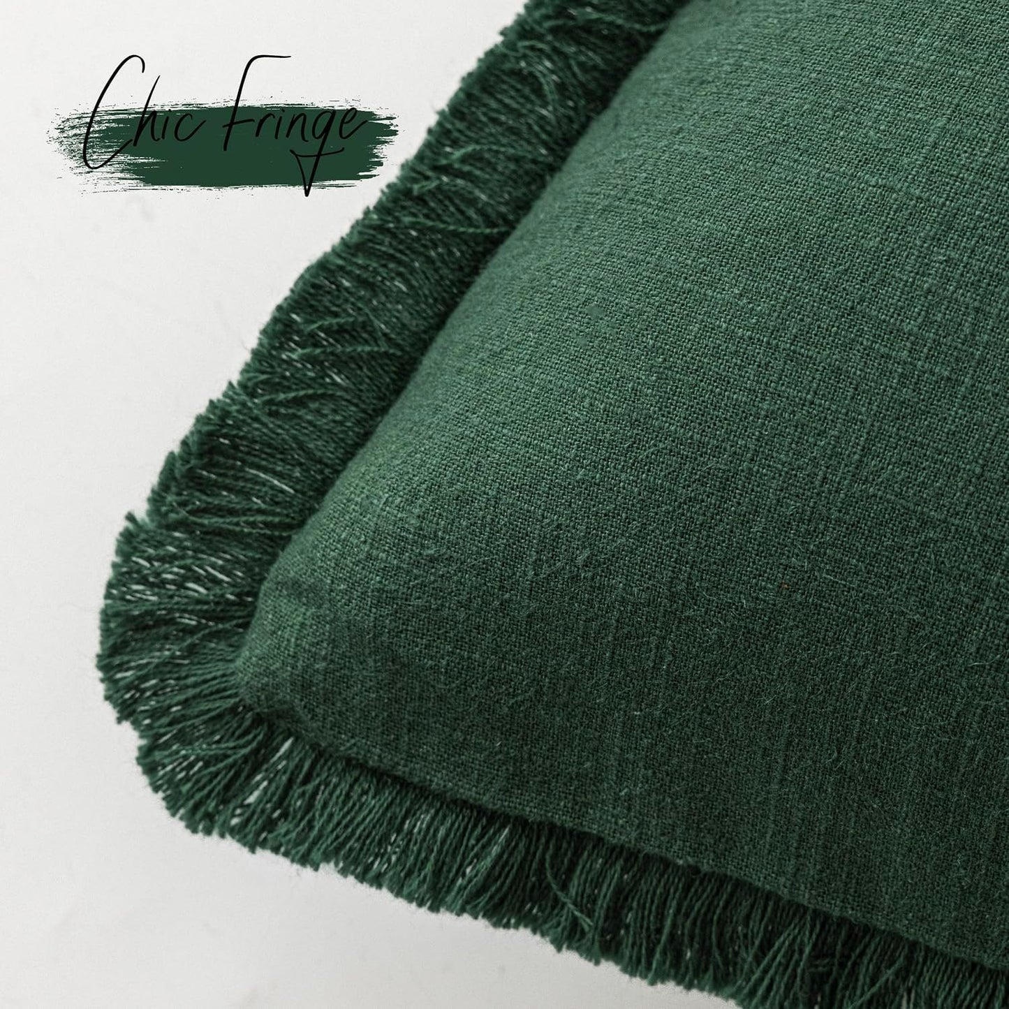 Foindtower Set of 2 Decorative Linen Fringe Throw Pillow Covers Cozy Boho Farmhouse Cushion Cover with Tassels Soft Accent Pillowcase for Couch Sofa Bed Living Room Home Decor, 16×16 Inch, Pine Green