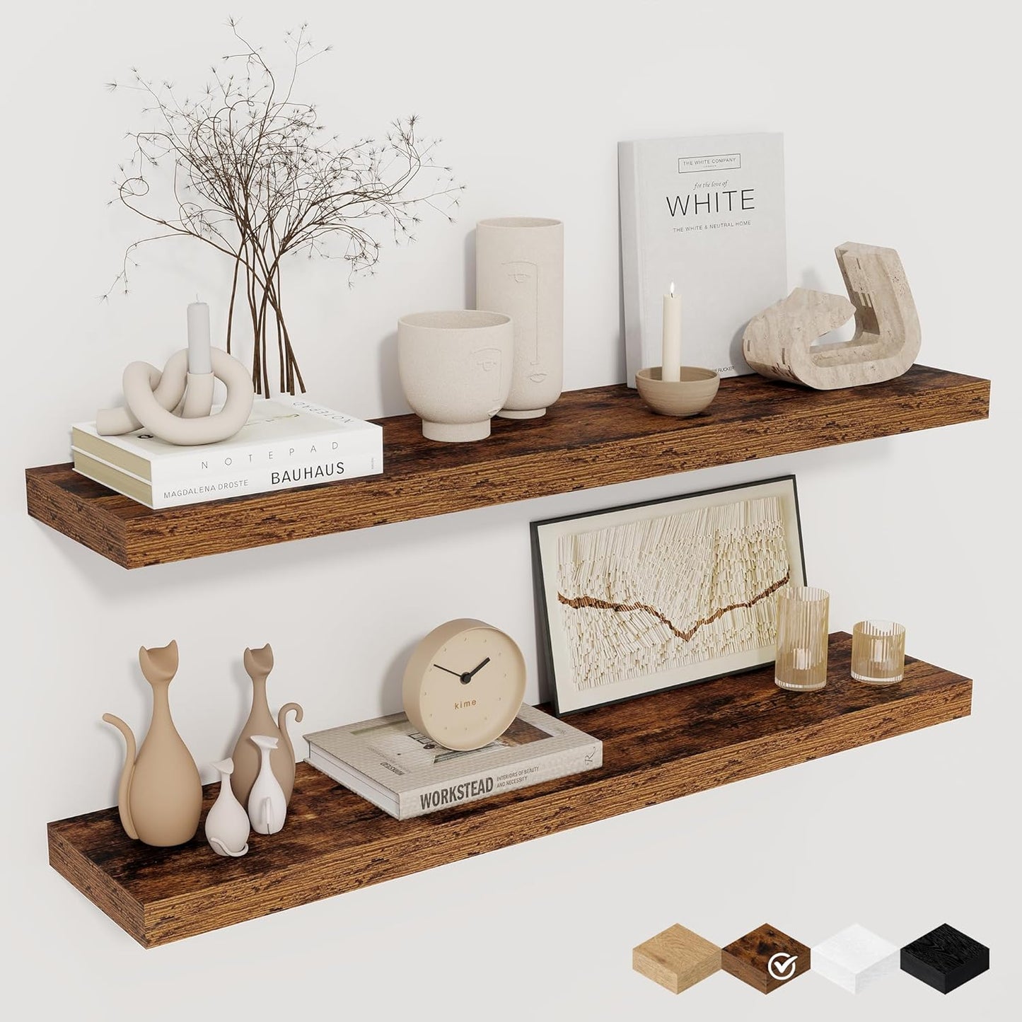 32” Rustic Floating Wall Shelves Set of 2 — Heavy Duty Wood Wall Shelves for Living Room, Kitchen, Bathroom &amp; Bedroom Storage