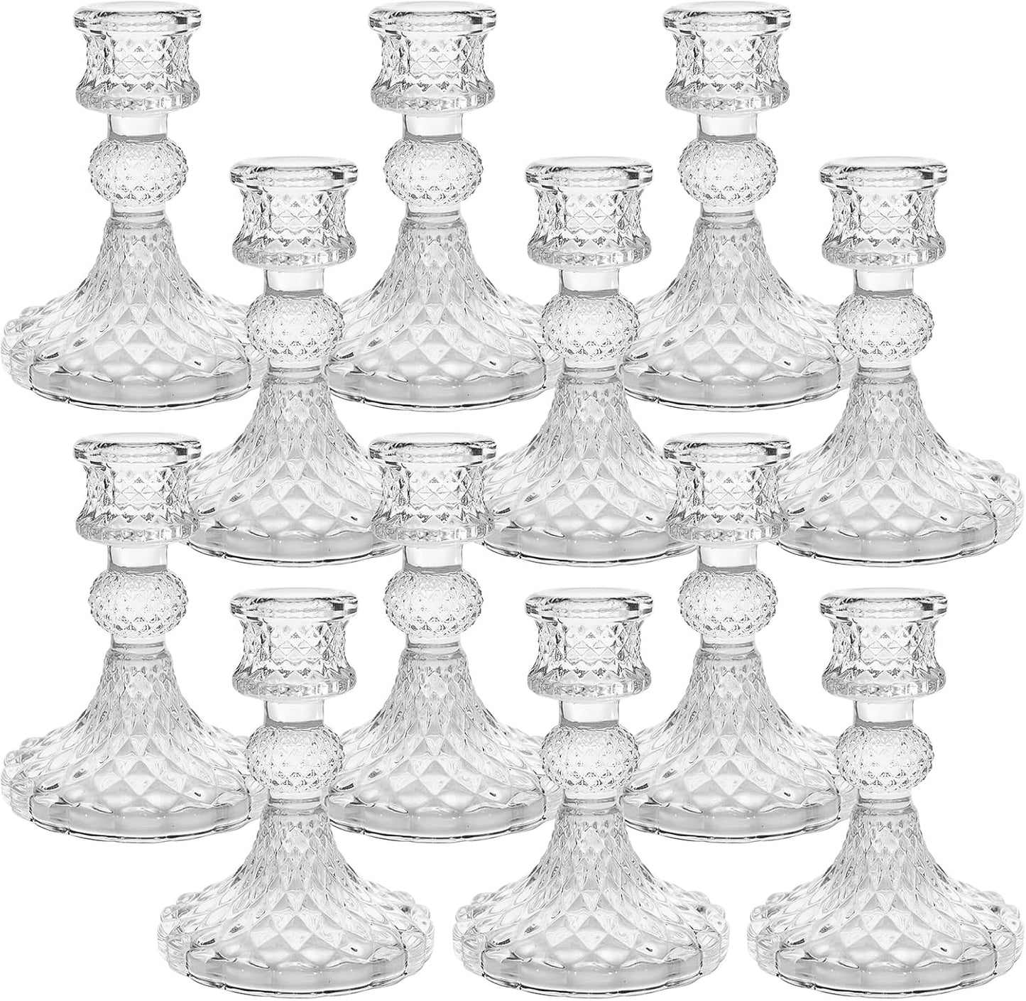 Clear Glass Taper Candle Holders Set of 12, 4” Tall Ribbed Glass Candlestick Holders for Table & Home Decor
