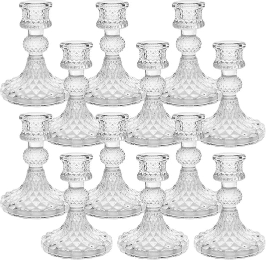 Clear Glass Taper Candle Holders Set of 12, 4” Tall Ribbed Glass Candlestick Holders for Table & Home Decor