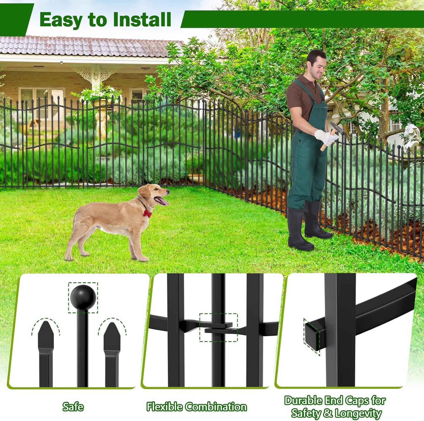 8 Panels Tall No Dig Garden Fence - 40in H x 18ft L, Reinforced Square Tube Rustproof Animal Barrier, Decorative Metal Fencing for Yard & Outdoor Dog Pet Play Areas