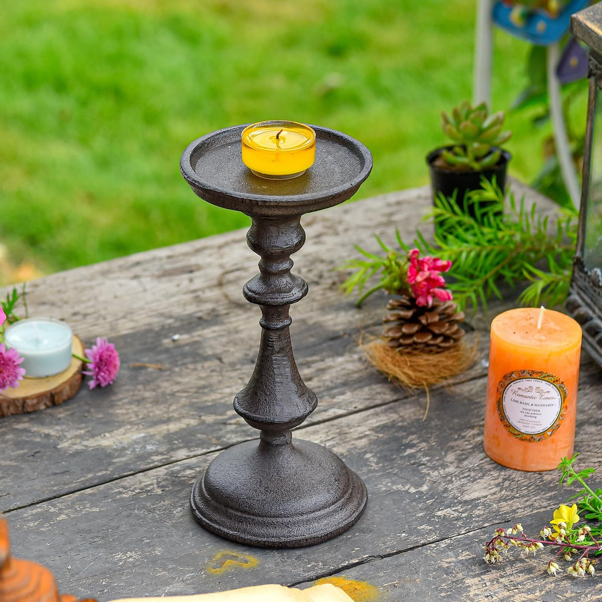 Rustic Cast Iron Pillar Candle Holder, 7.8" Tall Vintage Candlestick Holders, Table Centerpiece Metal Candle Holder, Farmhouse Candle Stand for Fireplace Shelf Home Decor