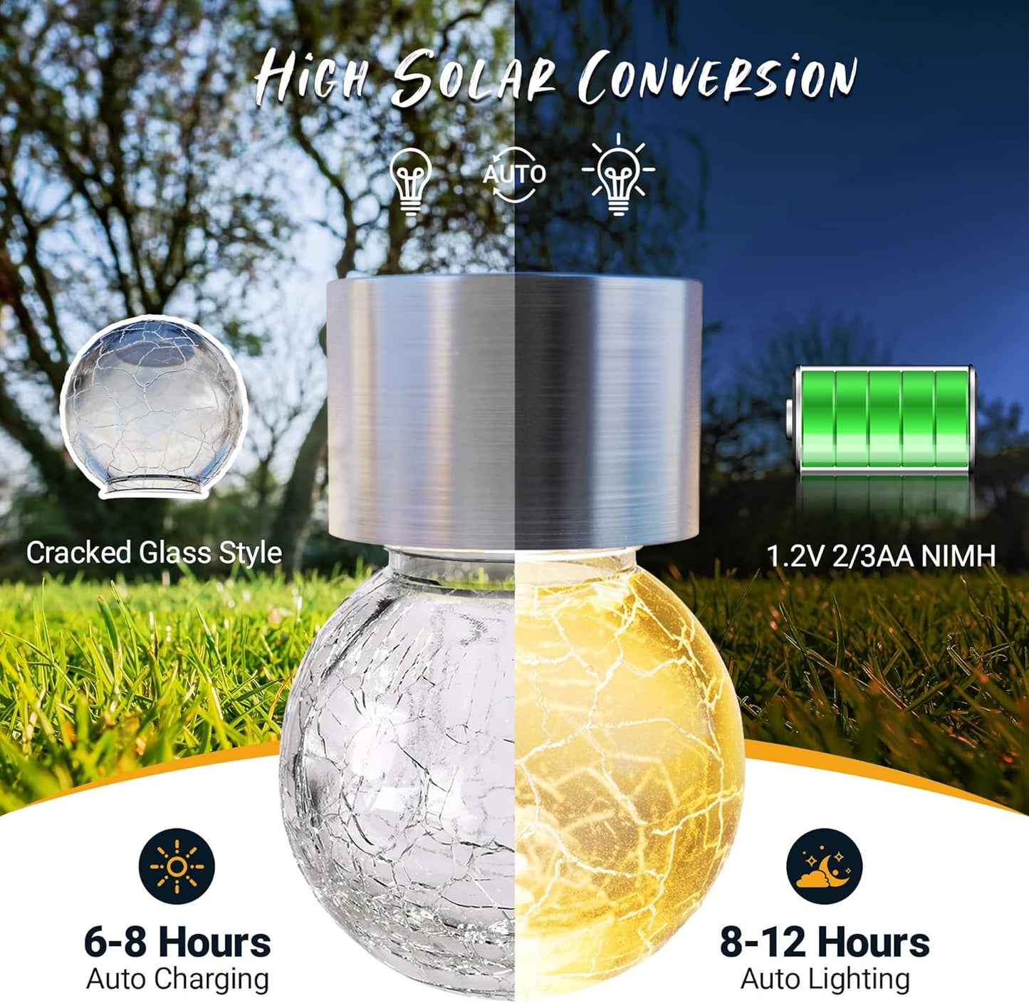 GIGALUMI 16 Pack Solar Hanging Lights for Christmas Decoration - Cracked Glass Solar Lights Outdoor Waterproof for Garden, Yard, Fence, Tree (Warm White)