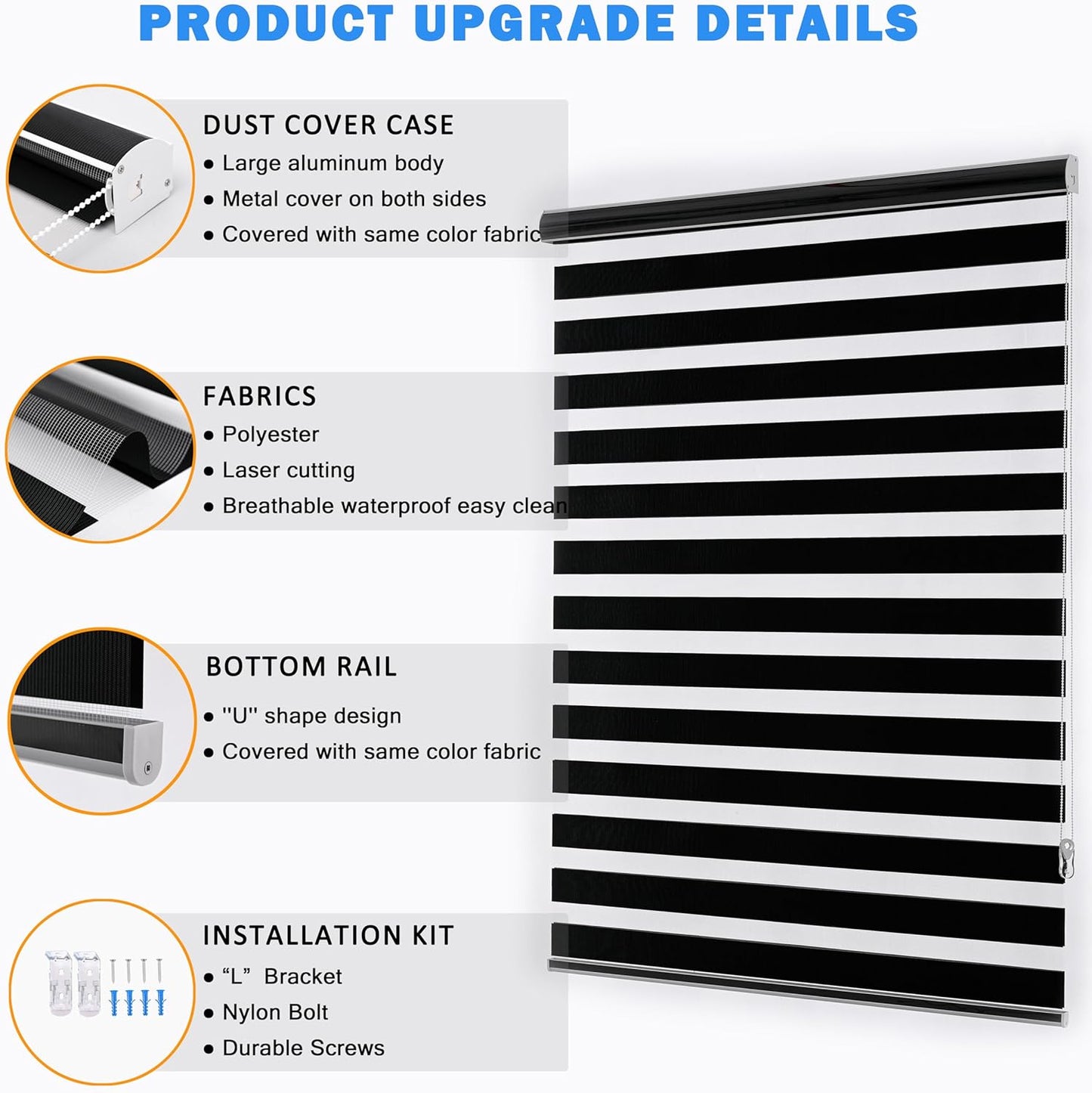 Blackout Zebra Blinds, Dual Layer Free-Stop, Room Darkening Zebra Shades, Blinds for Indoor Windows, Light Filtering Privacy Sheer Shade for Home(44" W X 72" H, Black)