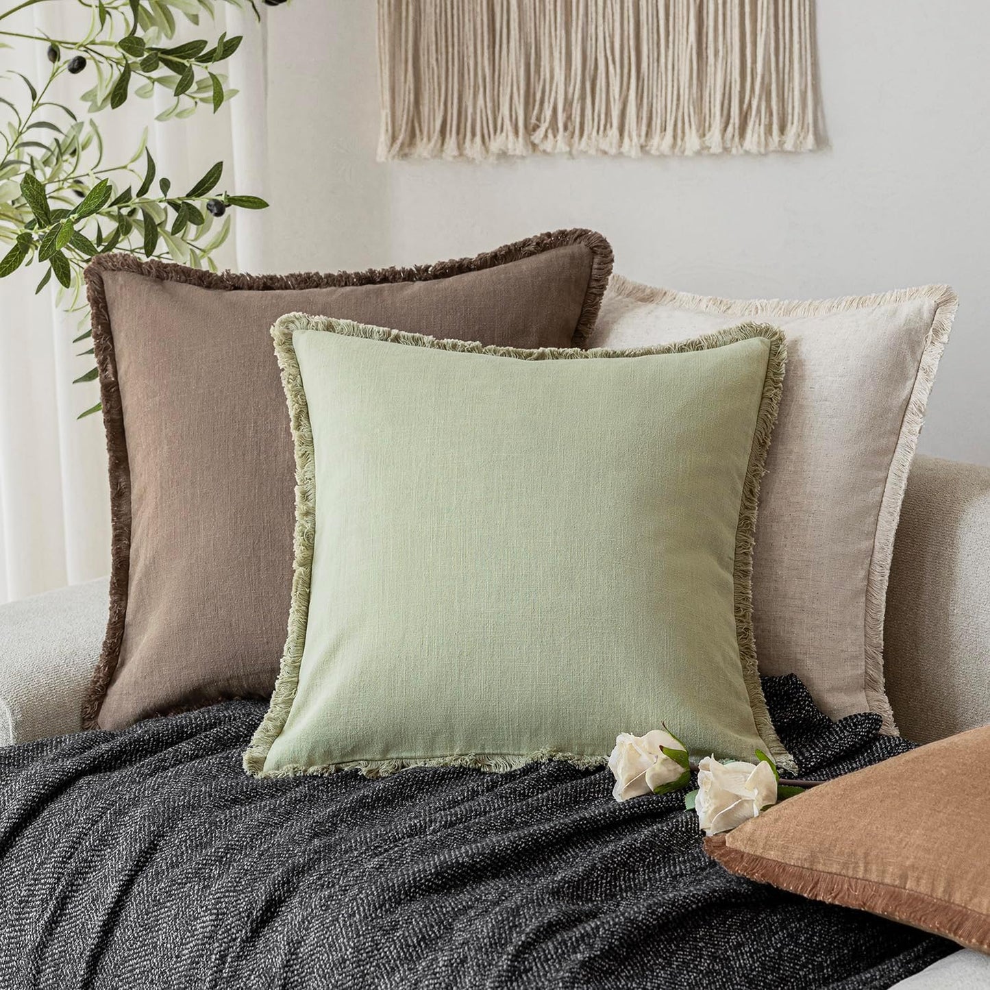 Foindtower Set of 2 Decorative Linen Fringe Throw Pillow Covers Farmhouse Cushion Cover with Tassels Lumbar Accent Pillowcase for Couch Bed Living Room Home Bedroom Decor,12×24 Inch,Light Sage Green