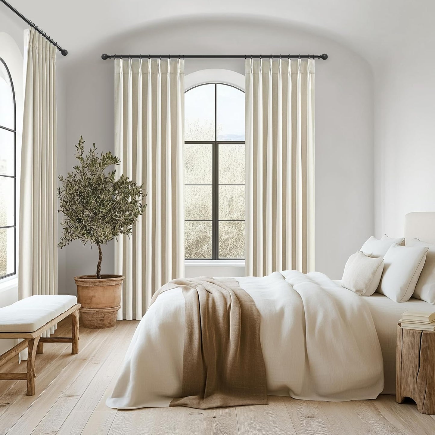 Extra Long Pleated Black Out Curtains 108 Inches Long for Living Room, Boho Cream Natural Linen Blend Patio Door Curtain with Track Back Tab 2 Panels Set Insulated Privacy Window Drapes 9 FT Length