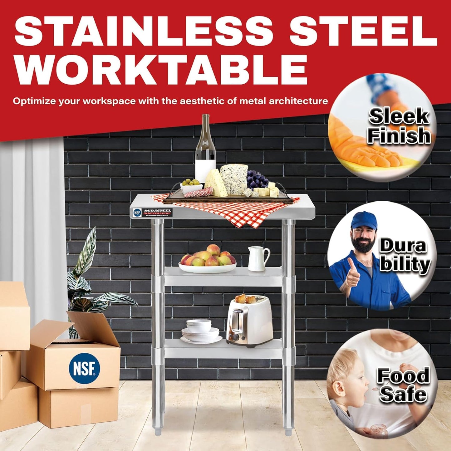 DuraSteel Food Prep Stainless Steel Table - 30 x 12 Inch Commercial Metal Workbench with Adjustable Under Shelf - NSF Certified - for Restaurant, Warehouse, Home, Kitchen, Garage