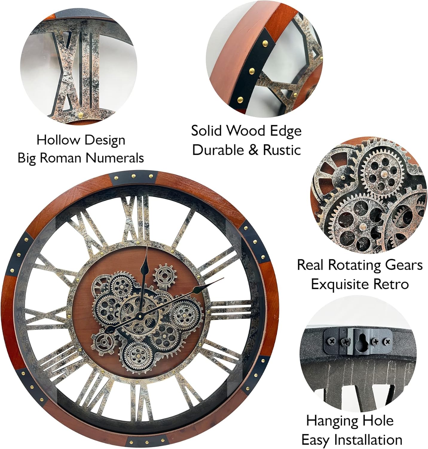 40” Oversized Moving Gear Wall Clock – Industrial Vintage Style, Silent Battery Powered