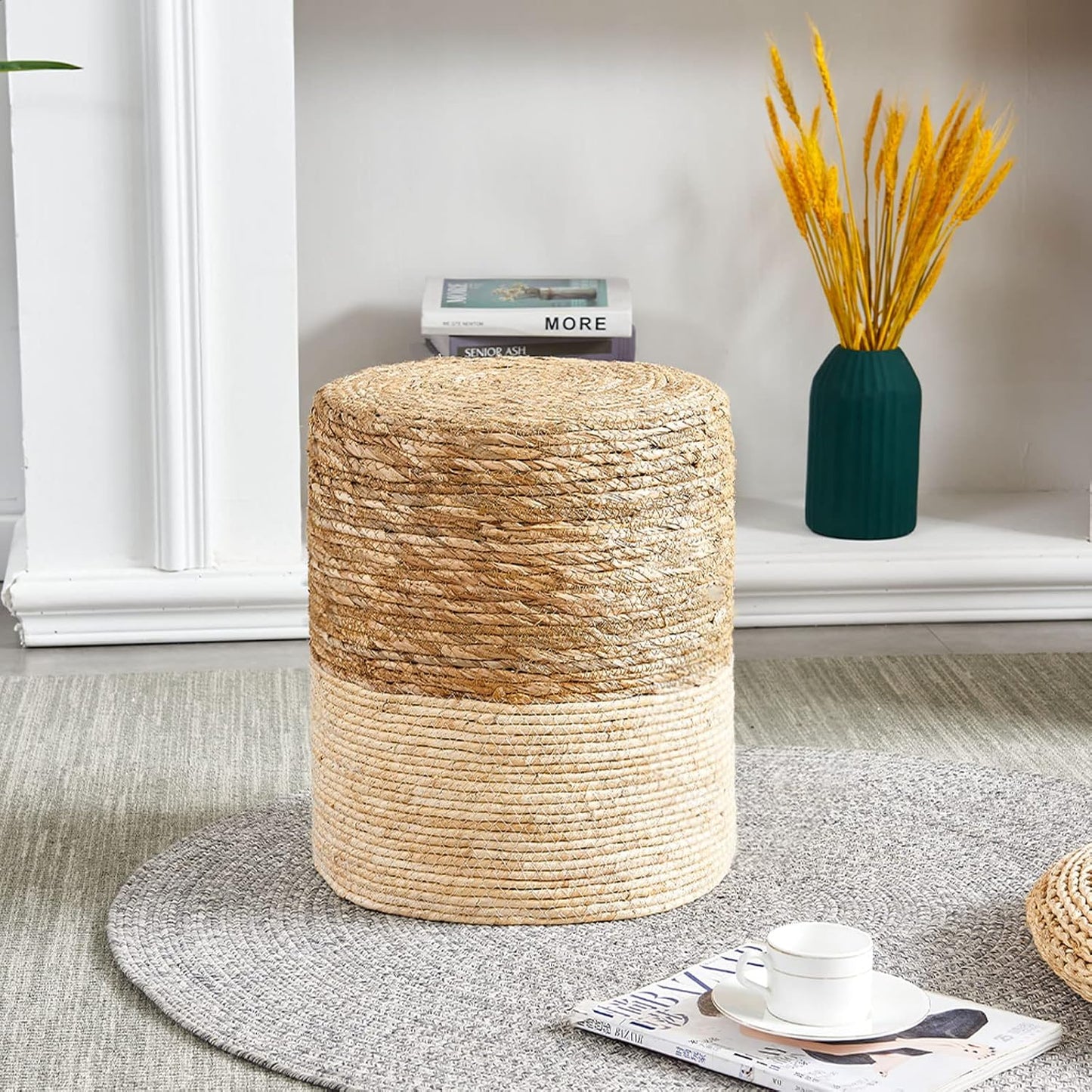 Cplxroc Pouf Ottoman, 100% Handwoven Seagrass Braided Pouffe, Boho Decor Floor Chair for Couch or Desk, Outdoor Ottomans for Garden, Round Footrest with Wood Frame, Home Decorative Seat for Balcony
