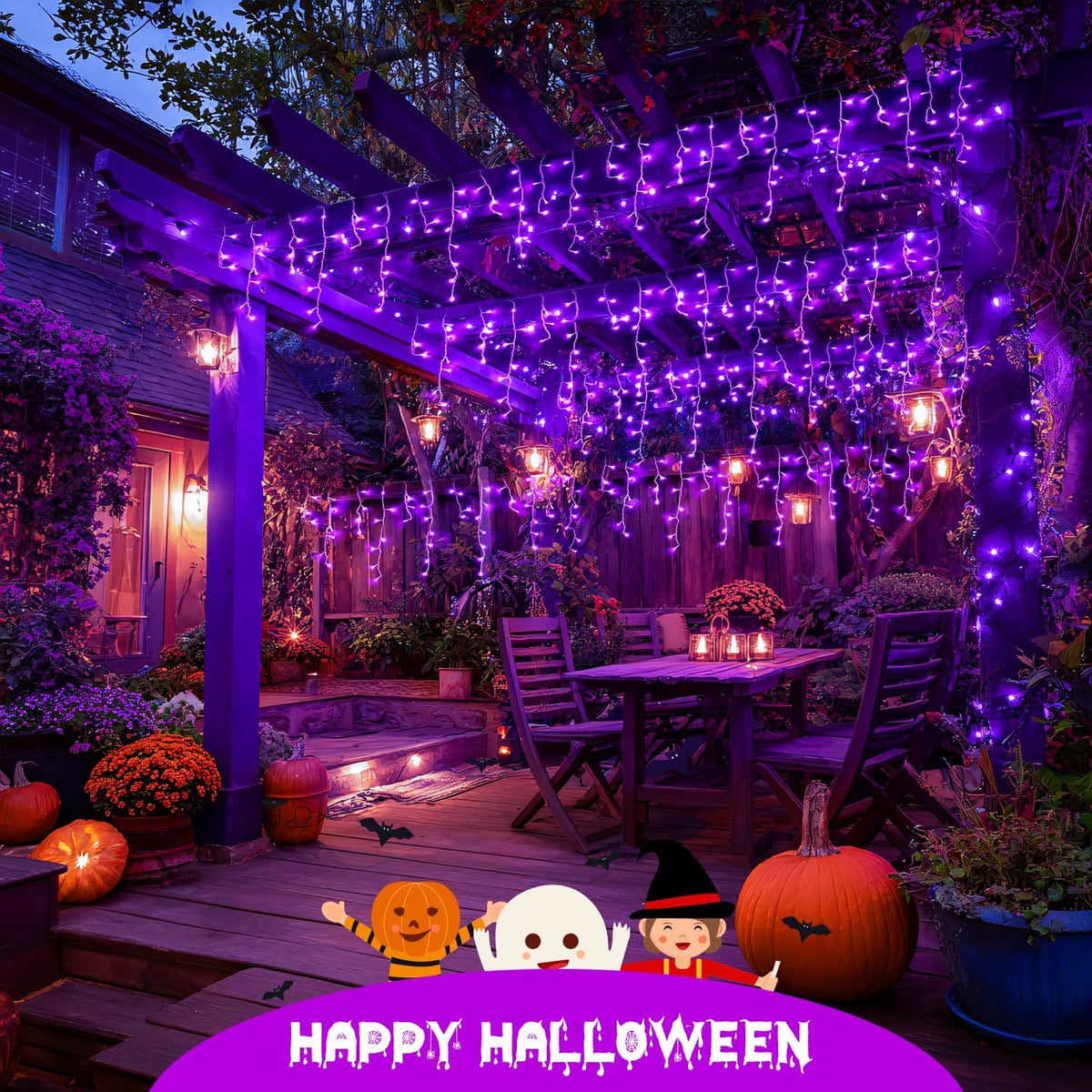 JMEXSUSS Purple Halloween Icicle Lights, 38.8 FT 400 LED Icicle Light Outdoor Waterproof, 8 Modes Purple Halloween Lights with 80 Drops Plug in for House Christmas Party Decorations