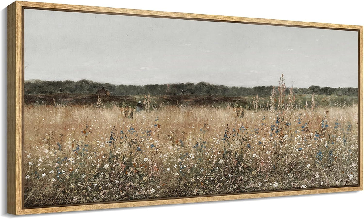 MUDECOR Extra Large Framed Canvas Print Wall Art Misty Morning Meadow with Wildflowers Antique Retro Fine Art Illustrations Decorative Colorful for Bedroom - 60"x30"
