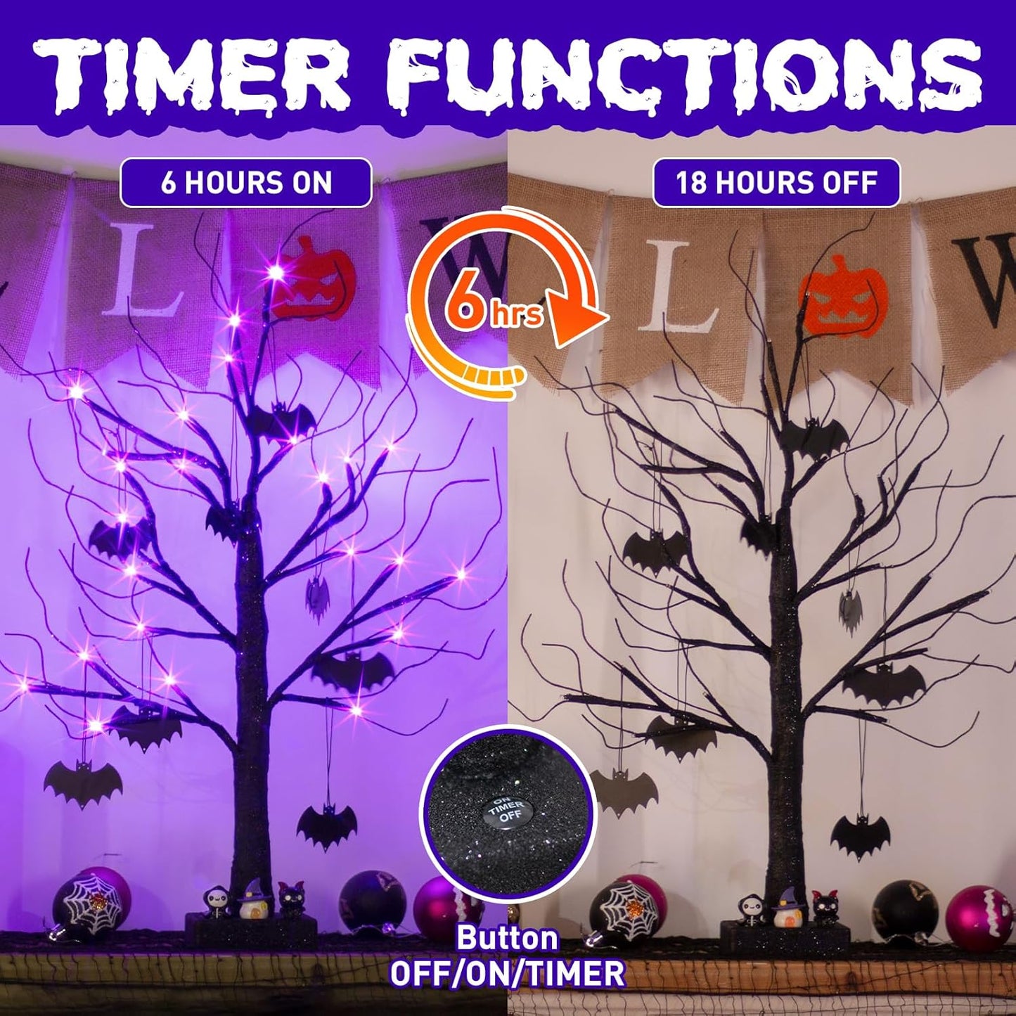 EAMBRITE Halloween Tree, Black Halloween Decorations Indoor, 2FT Spooky Tabletop Trees Battery Operated with 24LED Purple Lights 8 Bat Ornaments, Centerpieces for Tables, Home, Room(2 Pack)