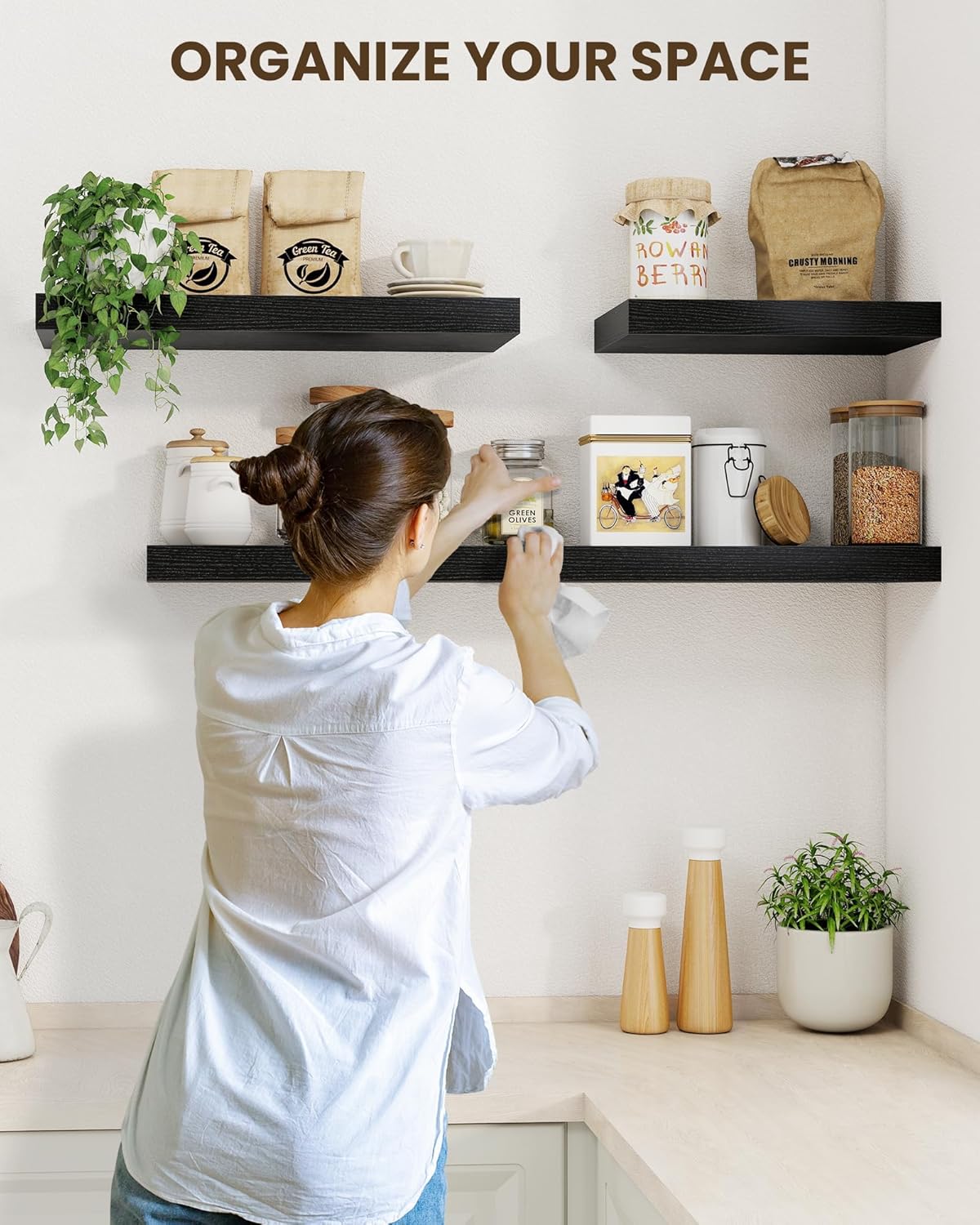 Marsmiles 31.5" Floating Shelves for Wall, Wooden Shelves with Invisible Brackets Set of 2, Rustic Farmhouse Wall Mounted Shelf for Kitchen Bathroom Living Room Study, Black